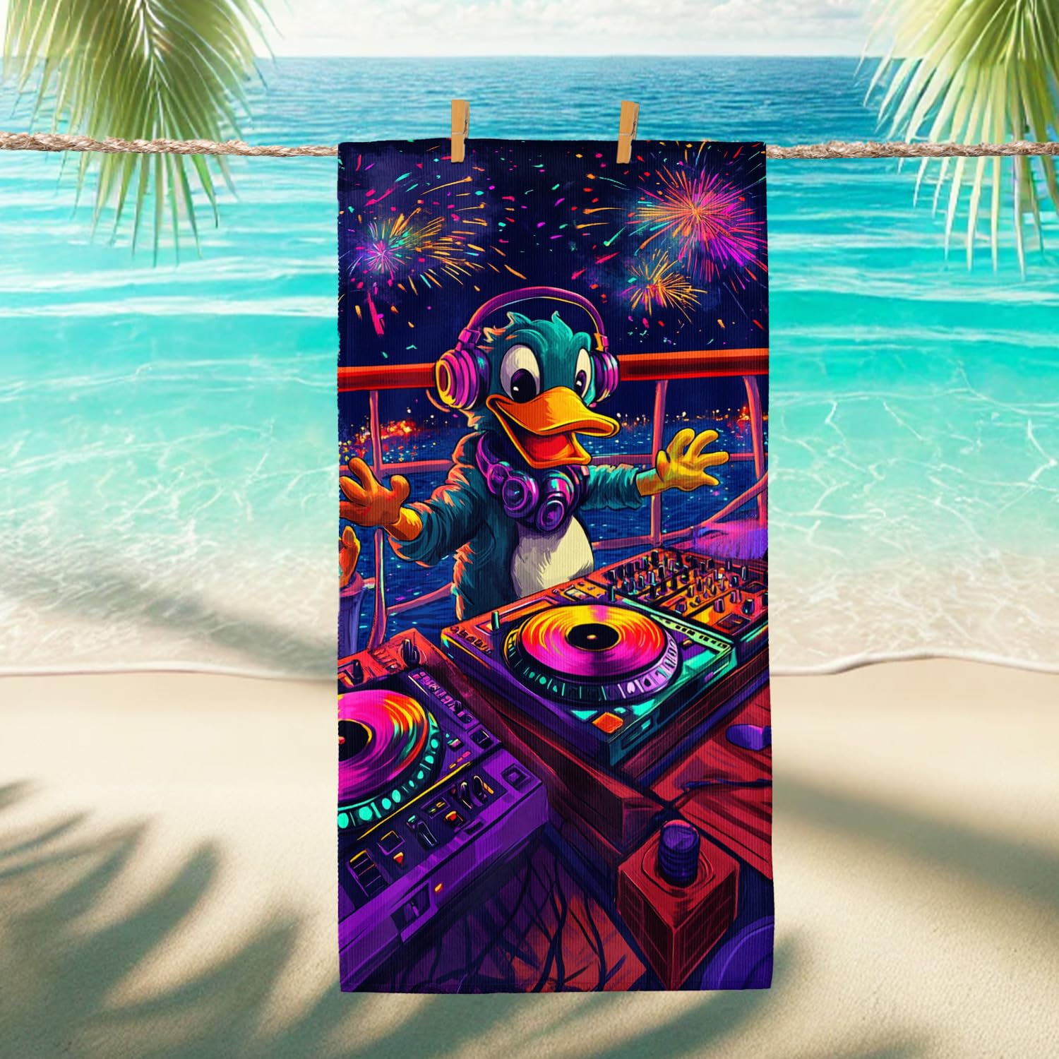 Colorful DJ Duck Beach Towel Fun Cartoon Design Microfiber Soft Quick Dry Sand Free Lightweight for Beach Pool Picnic Travel Essentials 70x35 Inch