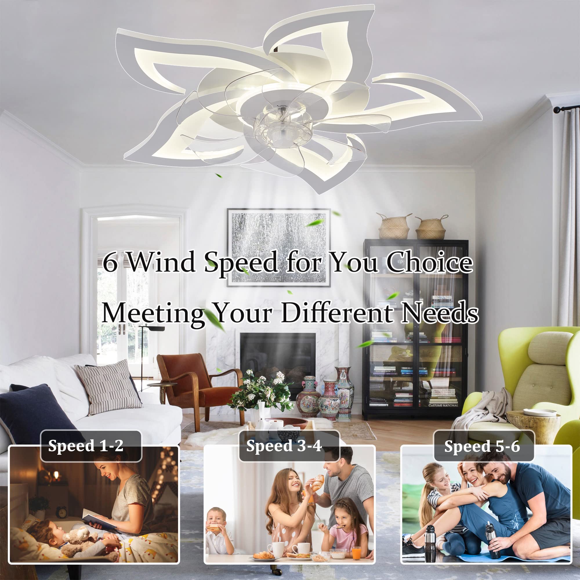Kwiat Wentylator Sufitowy Ze Światłem I Zdalnym Sterowaniem Salon Regulowany Plafon Led Wentylator DC Silnik Odwracalny 6 Prędkości Lampa Sufitowa Projekt-Biały
