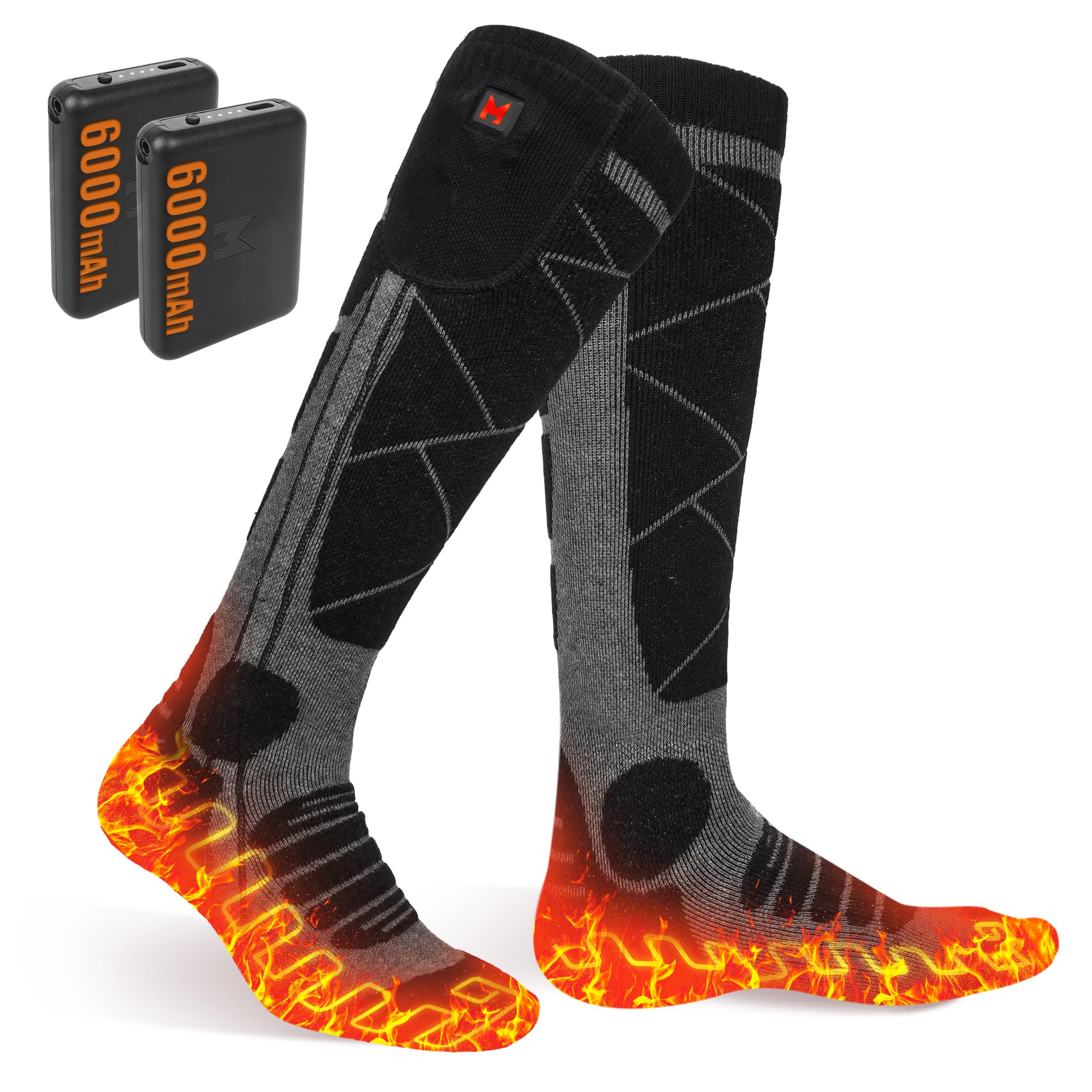 Chaussettes Chauffantes, 6000mAh Chaussette Chauffante USB Rechargeable Électrique pour Hommes Femmes, 3 Niveaux Chauffage Chaussettes d'hiver pour Sports - Ski Cyclisme Moto