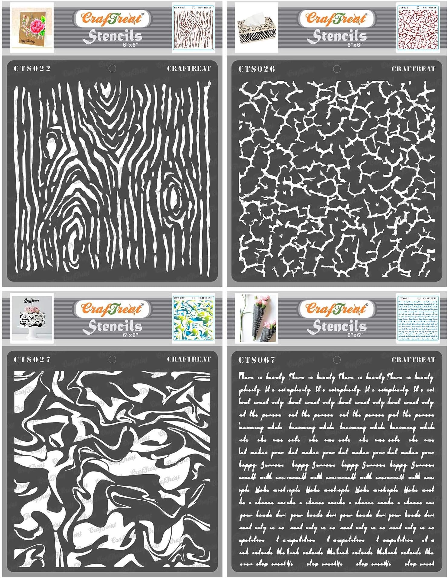 CrafTreat Reusable Pattern Stencils for Painting on Wood, Canvas, Paper, Fabric, Floor, Wall and Tile - Woodgrain, Crackle, Marble and Script - 4 Pcs - 6x6 Inches Each - DIY Art and Craft Stencils