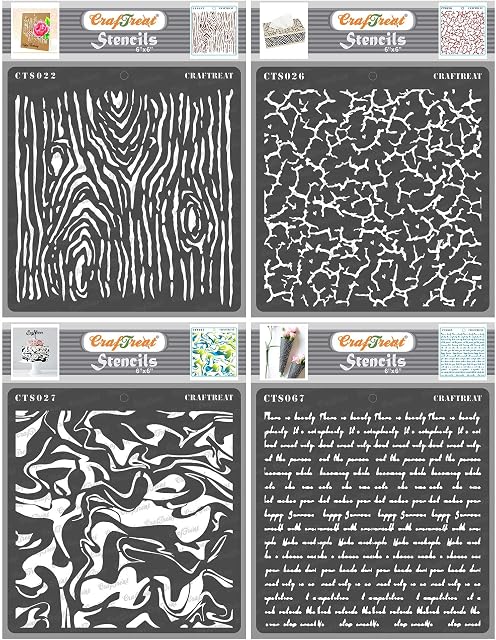 CrafTreat Texture Stencils for Furniture Painting Vintage - Woodgrain, Crackle, Marble and Script (4Pcs) - Size: 6X6 Inches - Textured Stencils for Painting on Concrete, Wood, Fabric, Canvas, Paper