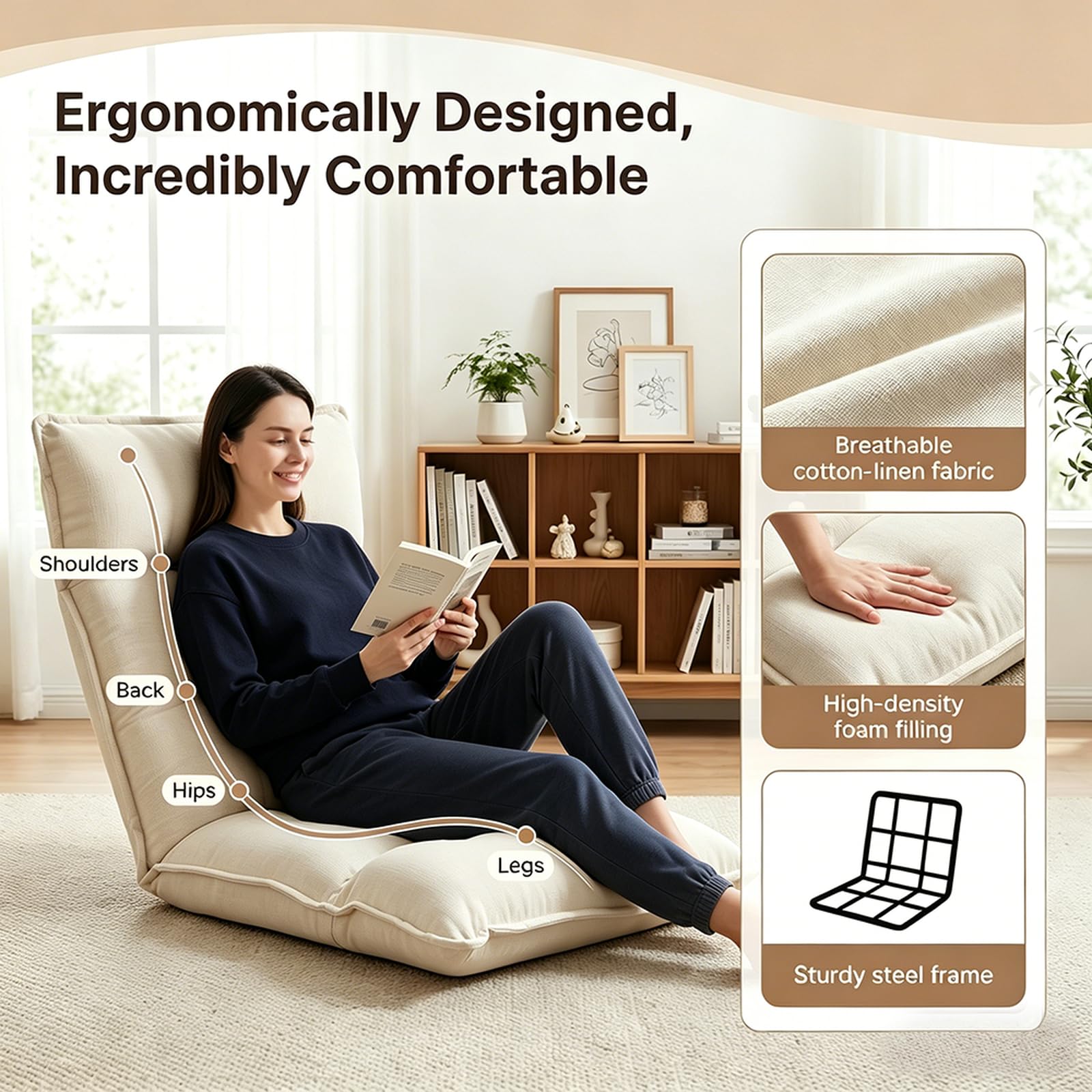 Silla de suelo ajustable con soporte trasero, tumbona plegable de 42 posiciones, asiento de meditación versátil para sala de estar, dormitorio, ventana de bahía