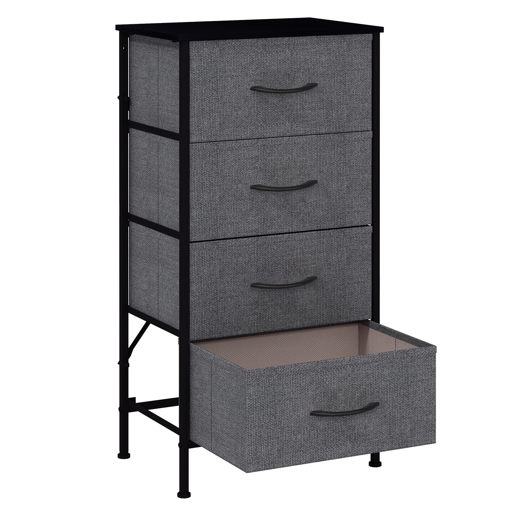 KU Syang Dresser with 4 Drawers - Fabric Chest of Drawers with Large Storage Space, Modern Tall Tower Unit Storage Organiser for Living Room/Bedroom, Wooden Top and Metal Frame (Deep Grey)