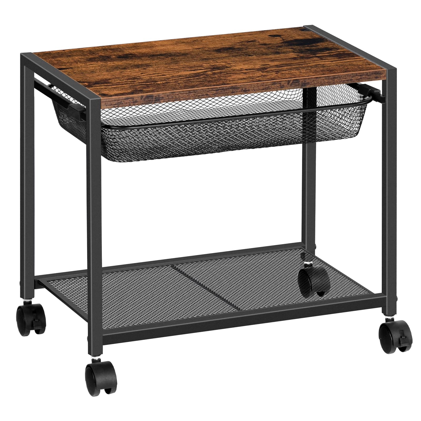 HOOBRO Printer Stand, 2-Tier Printer Table with 4 Removable Casters, Under Desk Storage Cart on Wheels, Heavy Duty Machine Storage Rack for Office and Home, Rustic Brown and Black EBF12PS01
