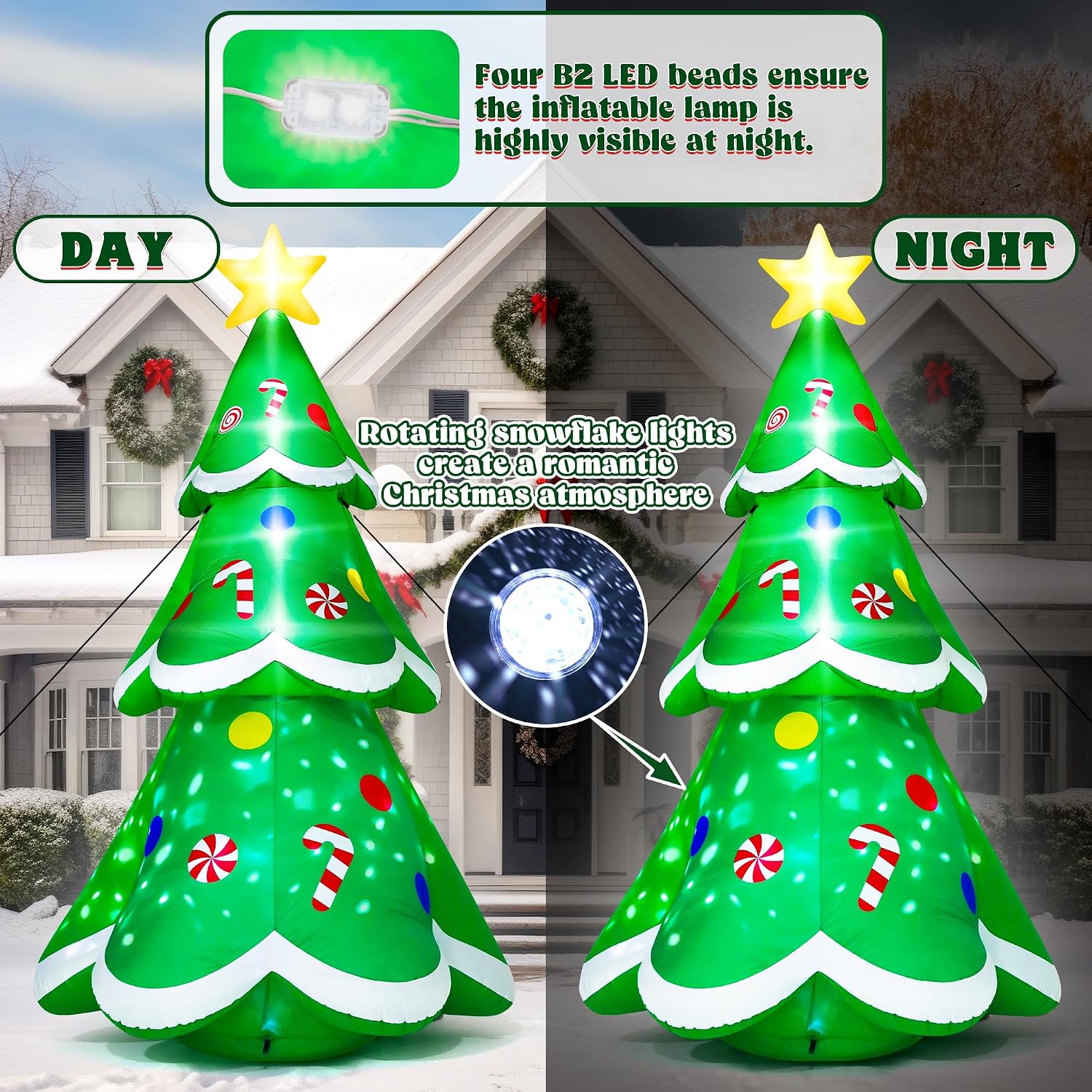 14FT Christmas Inflatable Decorations, Giant Blow Up Xmas Tree, Lighted Up Christmas Tree Inflatables with Rotating Snowflake Lamp, Colorful Yard Decoration for Xmas Holiday Lawn Party