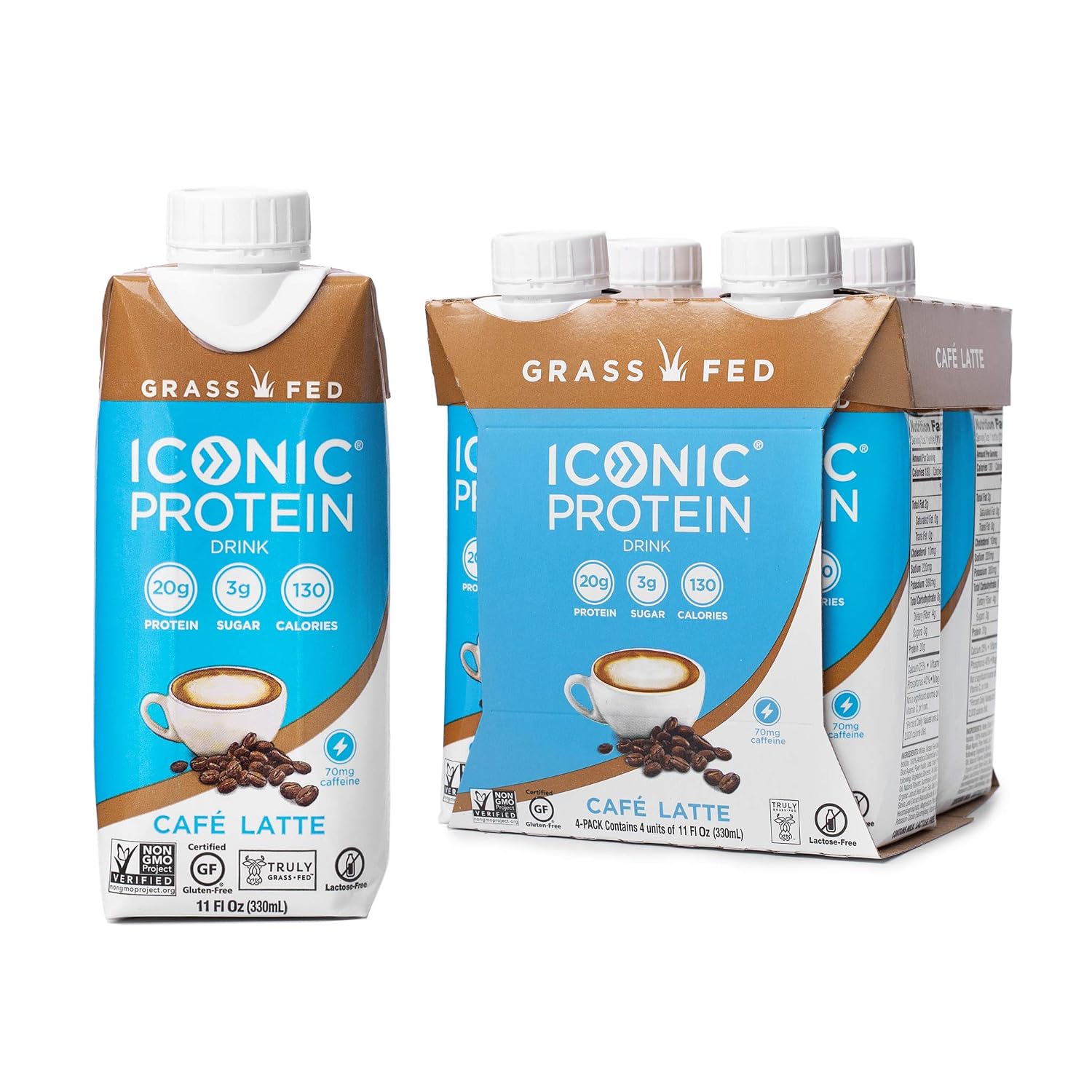 ICONIC Protein Drinks, Café Latte (4 Pack) | Low Carb, Grass Fed, High Protein Coffee | 20G Protein + 70mg Caffeine | Lactose Free, Gluten Free, Non-GMO, Kosher | Keto Friendly, 11 Fl Oz (Pack of 4)