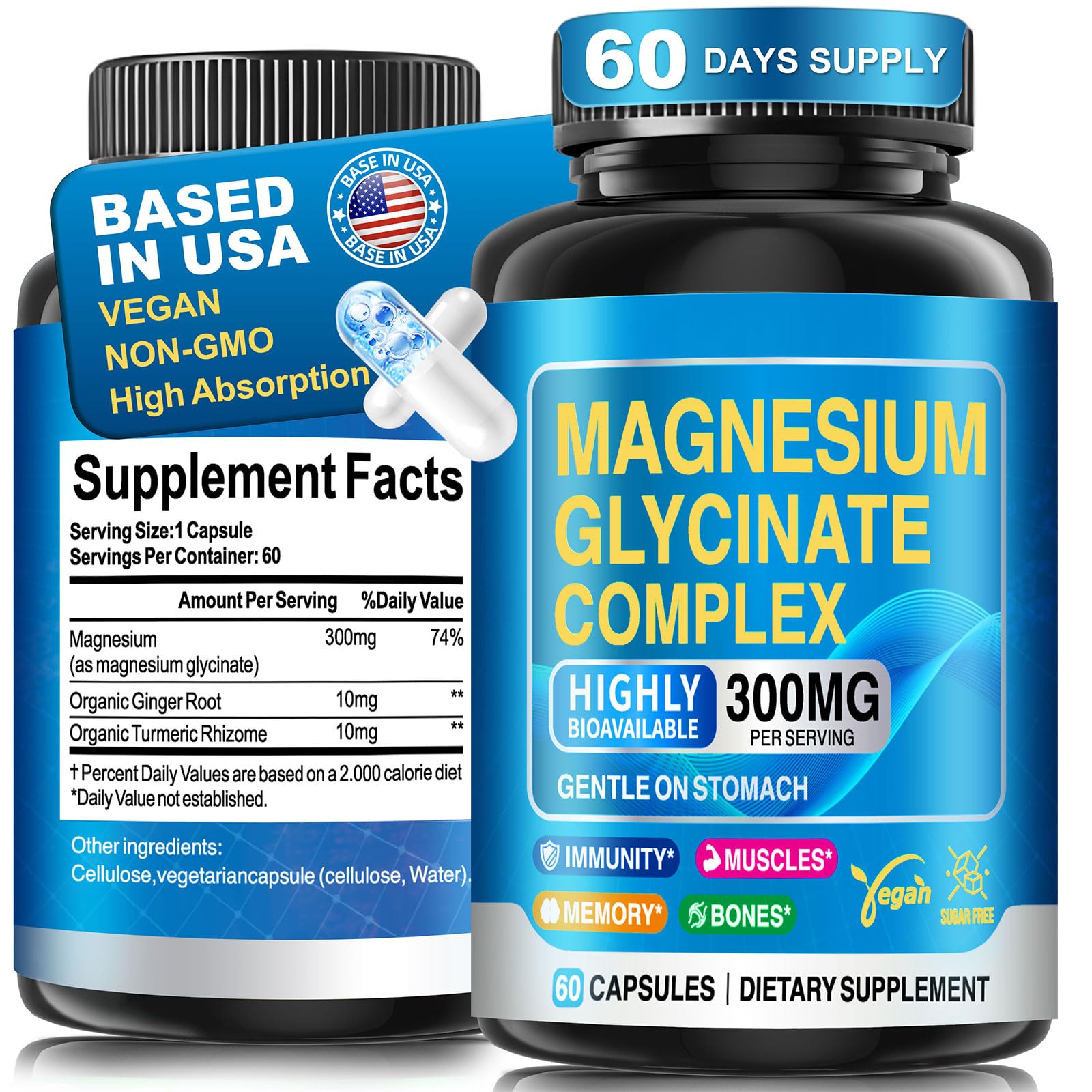 CNFHDI Magnesium Glycinate 300mg Per Serving, Magnesium Supplement for Stress Relief, Sleep & Muscle Recovery, Chelated High Absorption, Non-GMO, Vegan, Gentle on Stomach, 60 Capsules