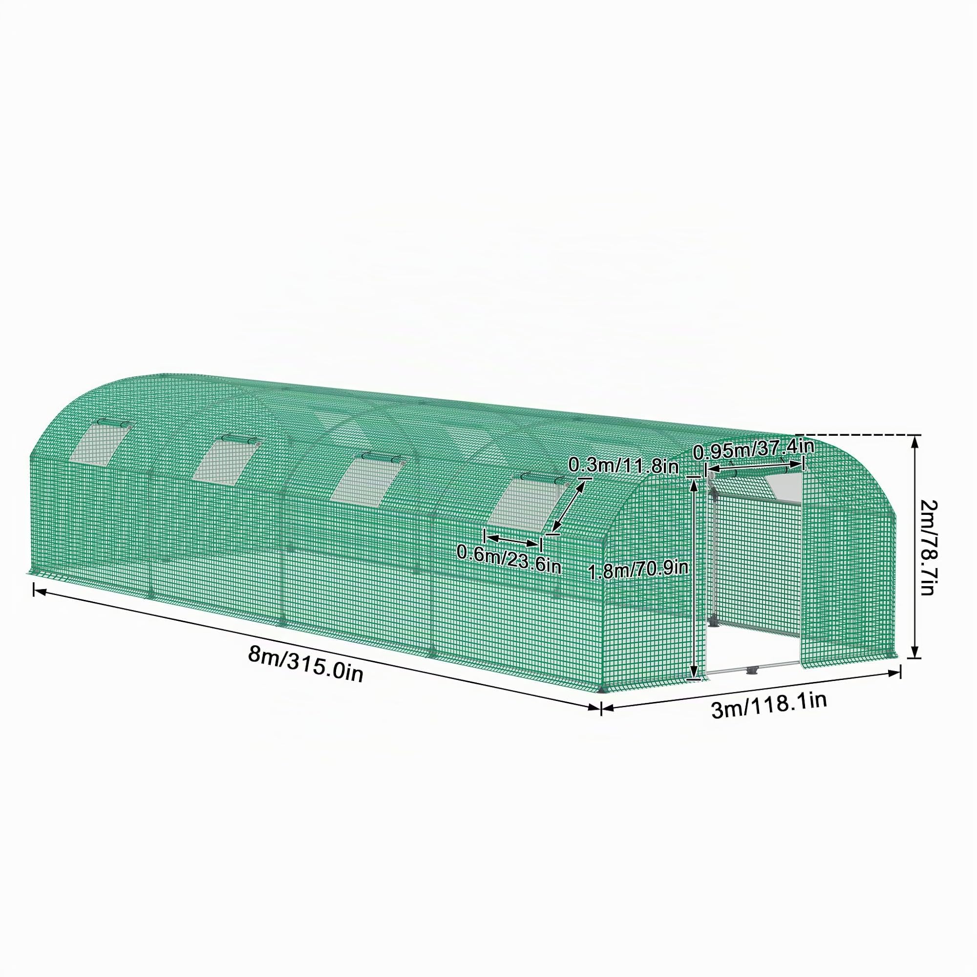 24㎡ Frostschutz Gartengewächshäuser aus Stahl Rahmen 3x8x2m HDPE Foliengewächshaus mit 8 Insektenschutzgitter Fenster & Tür Begehbares Gewächshaus Garten Überwinterungszelt für Pflanzen