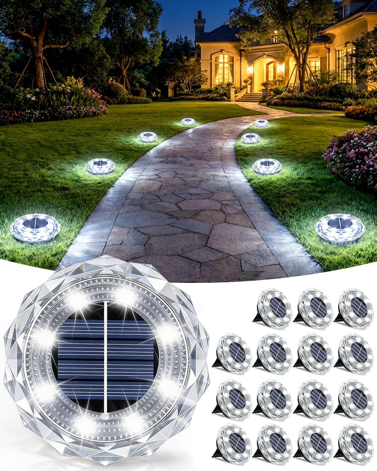 10 Pack Solar Lights Outdoor Garden, 8 LEDs Solar Ground Lights, IP65 Waterproof Outdoor Landscape Lamp, Solar Powered Pathway Lights for Patio Yard Driveway Walkway - Cold White — view 8