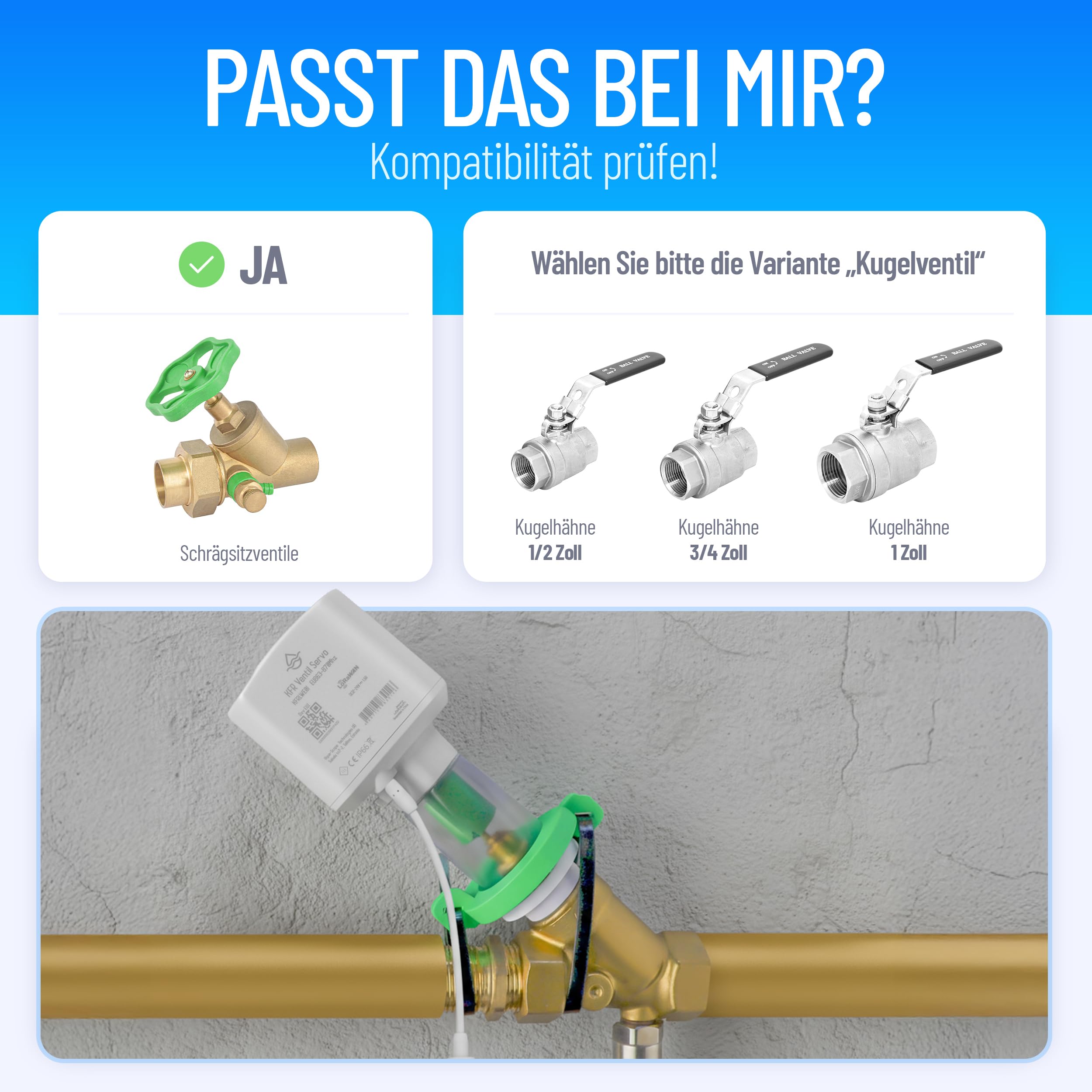 Wassermelder WLAN mit Abschaltung Hauptventil bei Alarm, LeakAlert 360, für Schrägventile, DIY-Installation ohne Klempner, Laute 50dB Alarm, 2 Funk-Wassersensoren, erweiterbar