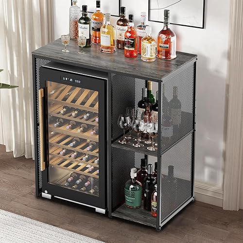 Miniatura 4 de Armario de barra de café de 3 niveles con espacio para mini refrigerador, soporte rústico de microondas gris resistente, estante organizador de