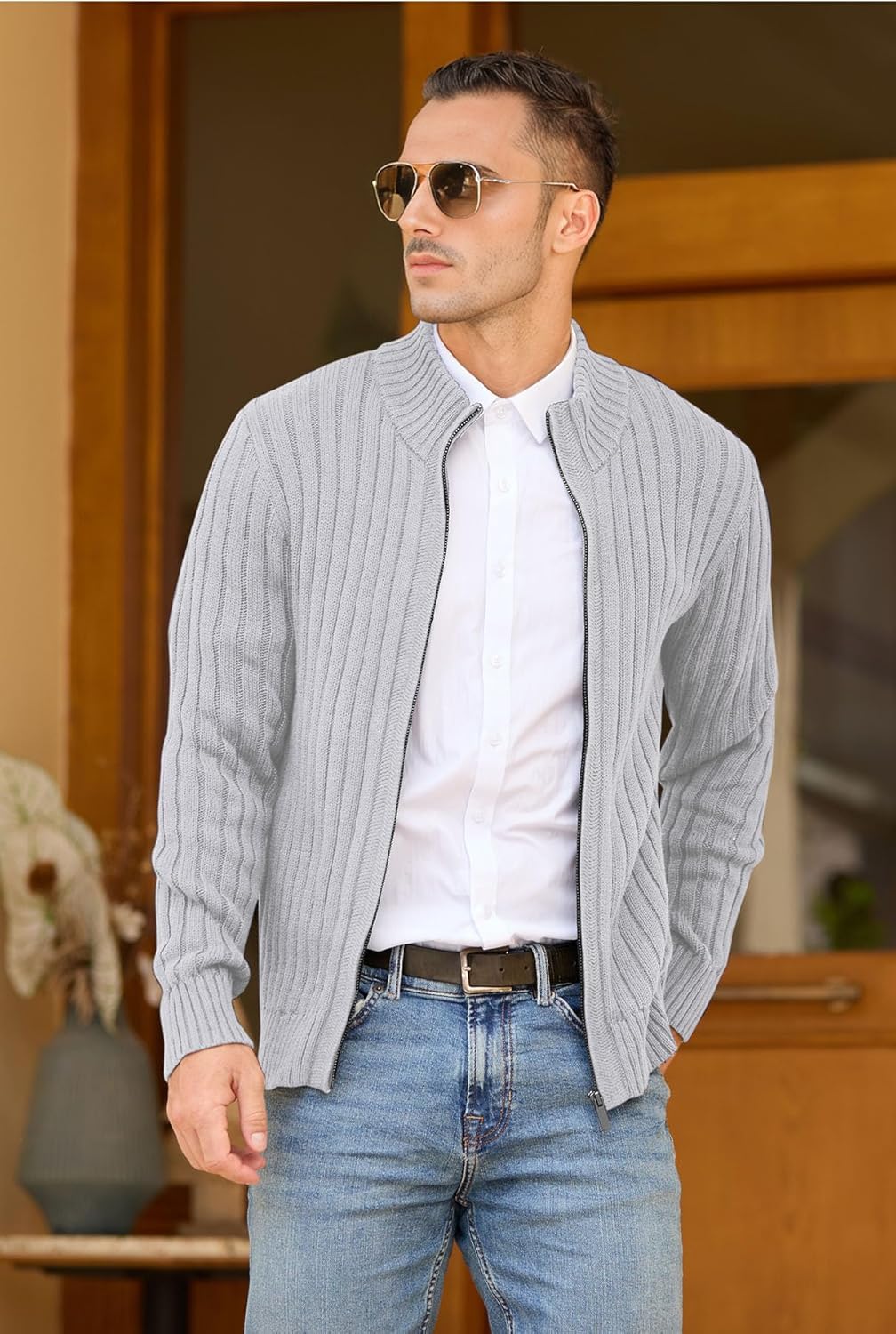 NITAGUT Men's Cardigan Sweater Stand Collar Full Zip Up Sweater Slim Fit Casual Knit for Winter - Image 2