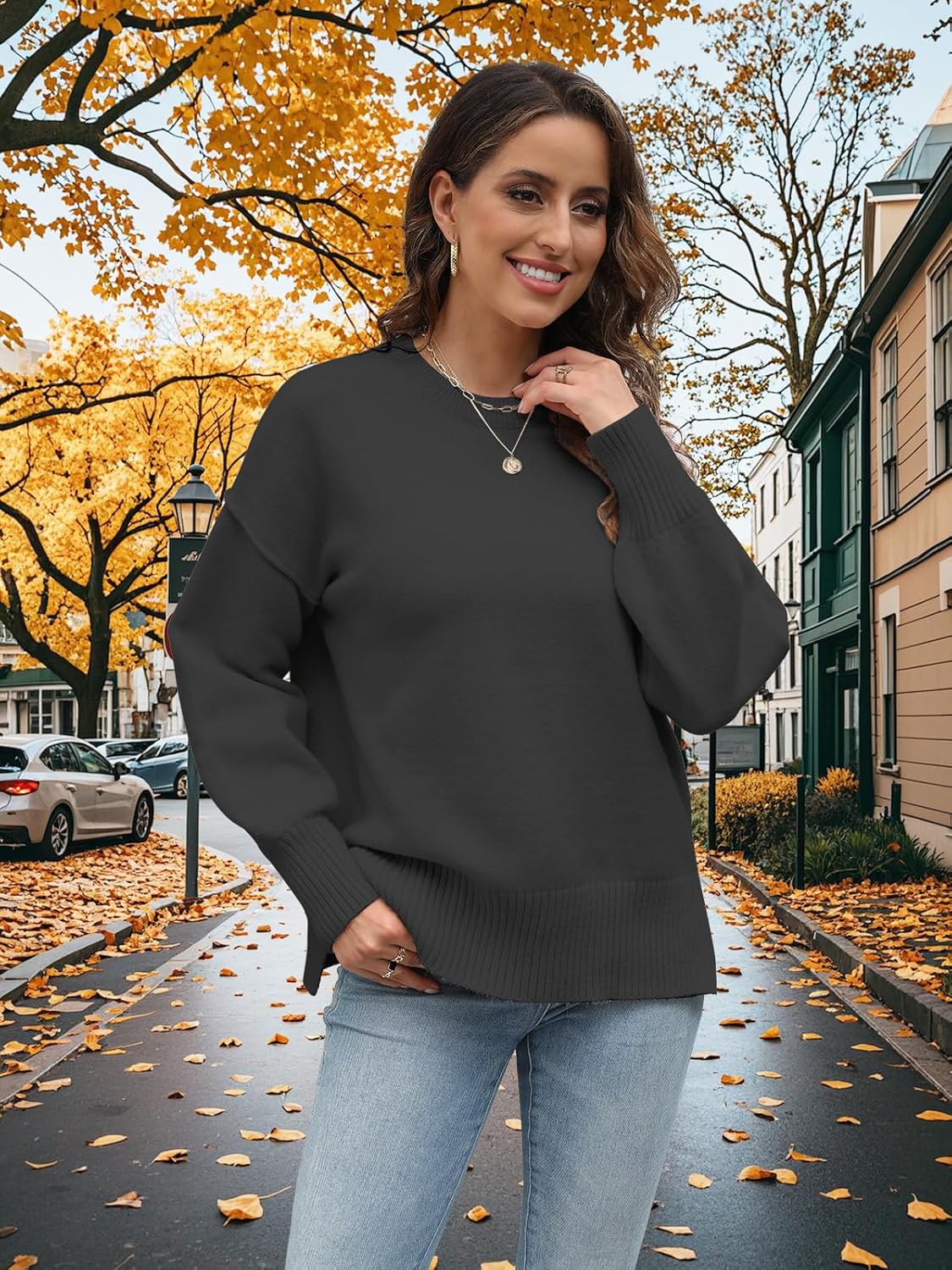 Womens Sweaters Crewneck Long Sleeve Pullover Tops Loose Fit Soft Knit Ribbed Hem Side Slit Casual Fall Winter Outfits