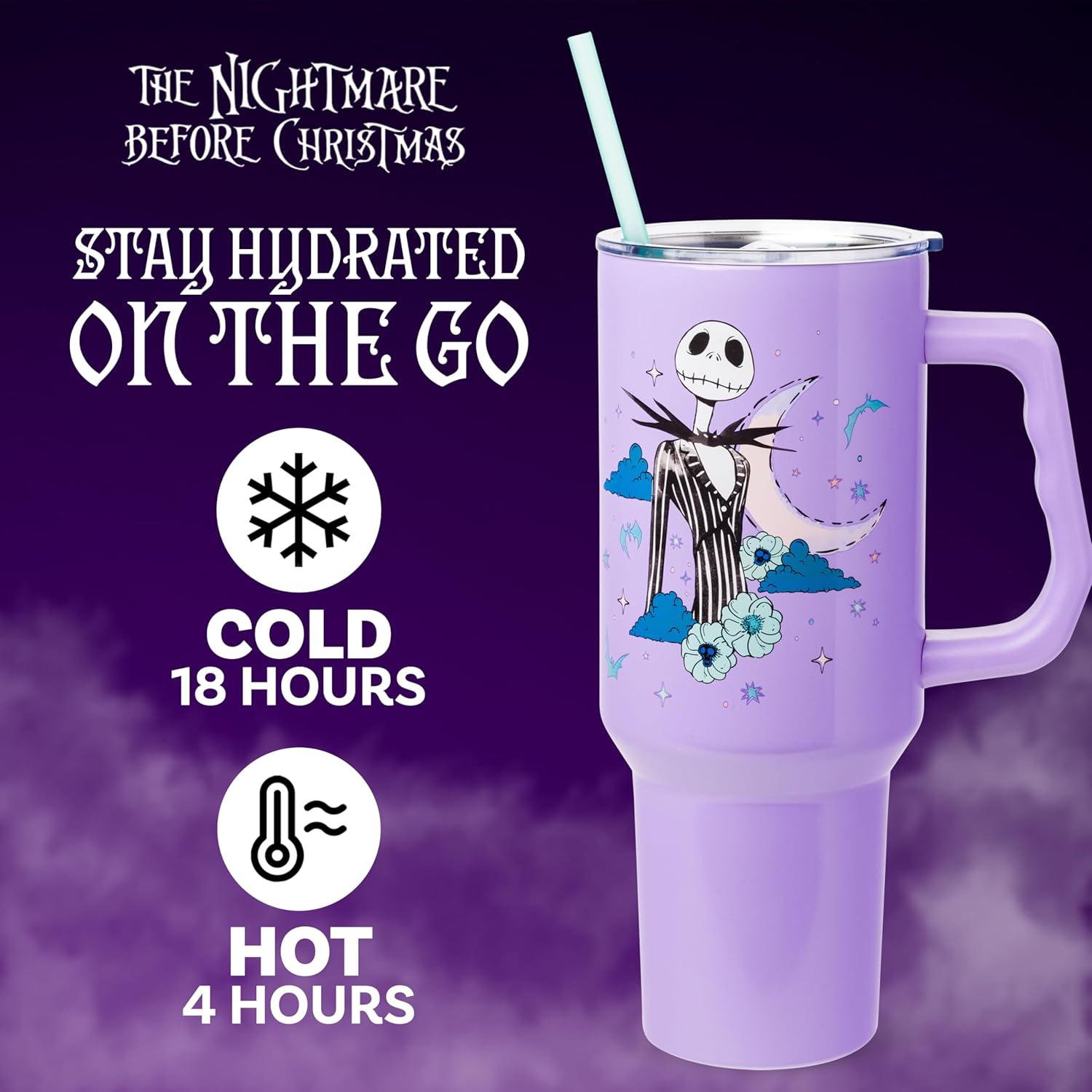 Silver Buffalo Disney Nightmare Before Christmas by Tim Burton Jack Skellington Double Walled Stainless Steel Tumbler with Handle and Straw, Fits in Standard Cup Holder, 40 Ounces - Image 2