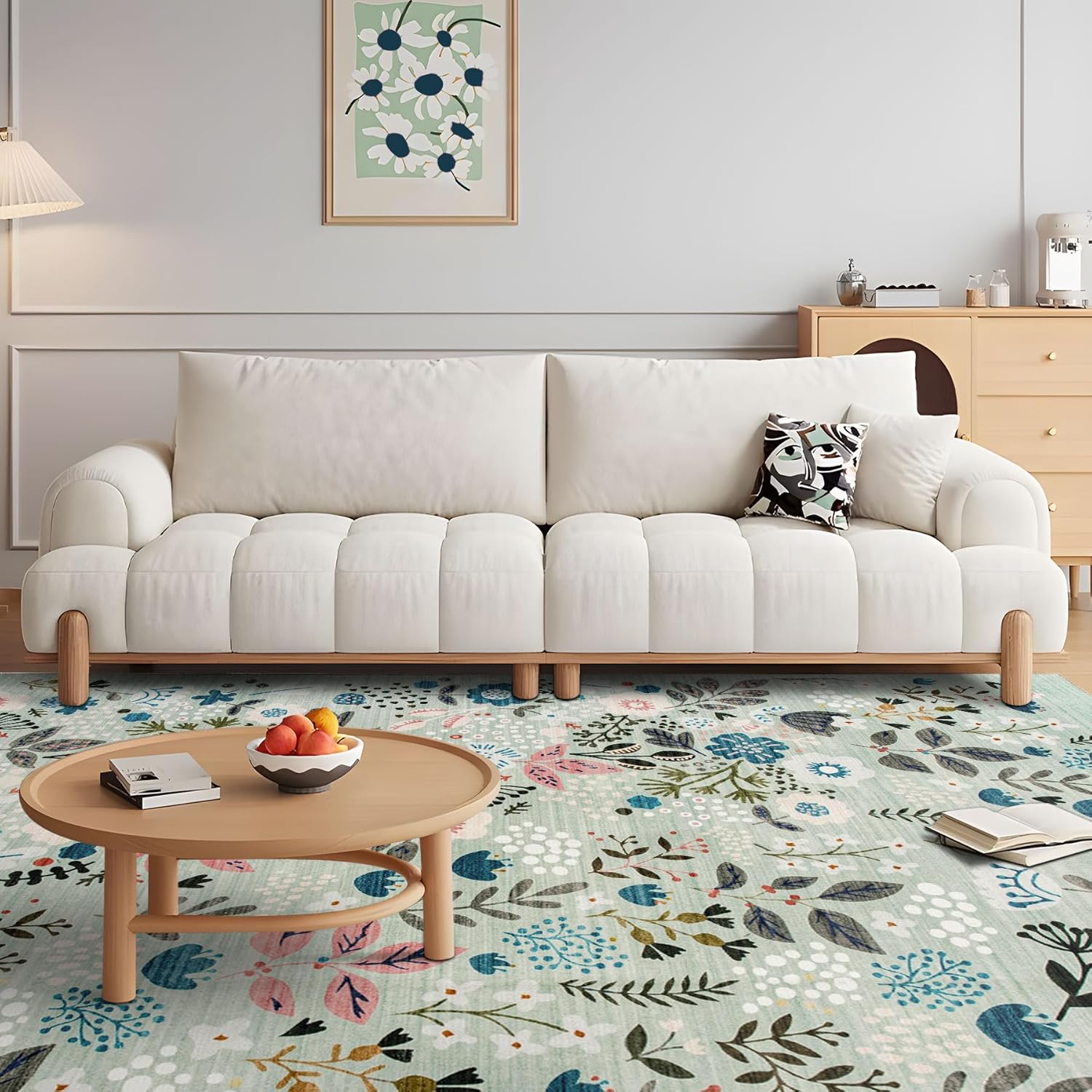 DECOMALL Jasmine Washable Area Rugs, Colorful Modern Flower Rug with Rubber Backing, Foldable Non Slip Carpet for Living Room Bedroom Dinning Room, 8x10ft, Blue/Multi