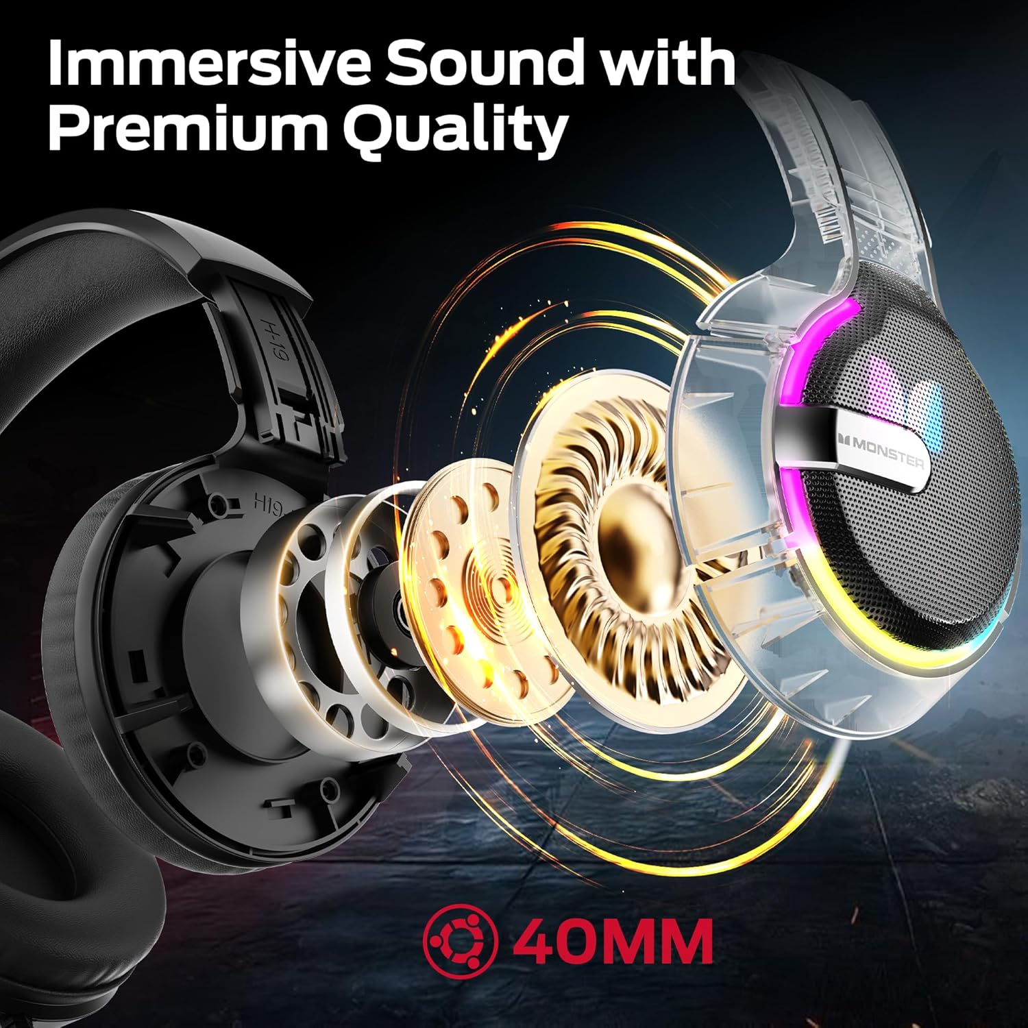 Ngabeledug view of the Monster Mission 320 earcup, showing the 40mm audio drivers and internal components