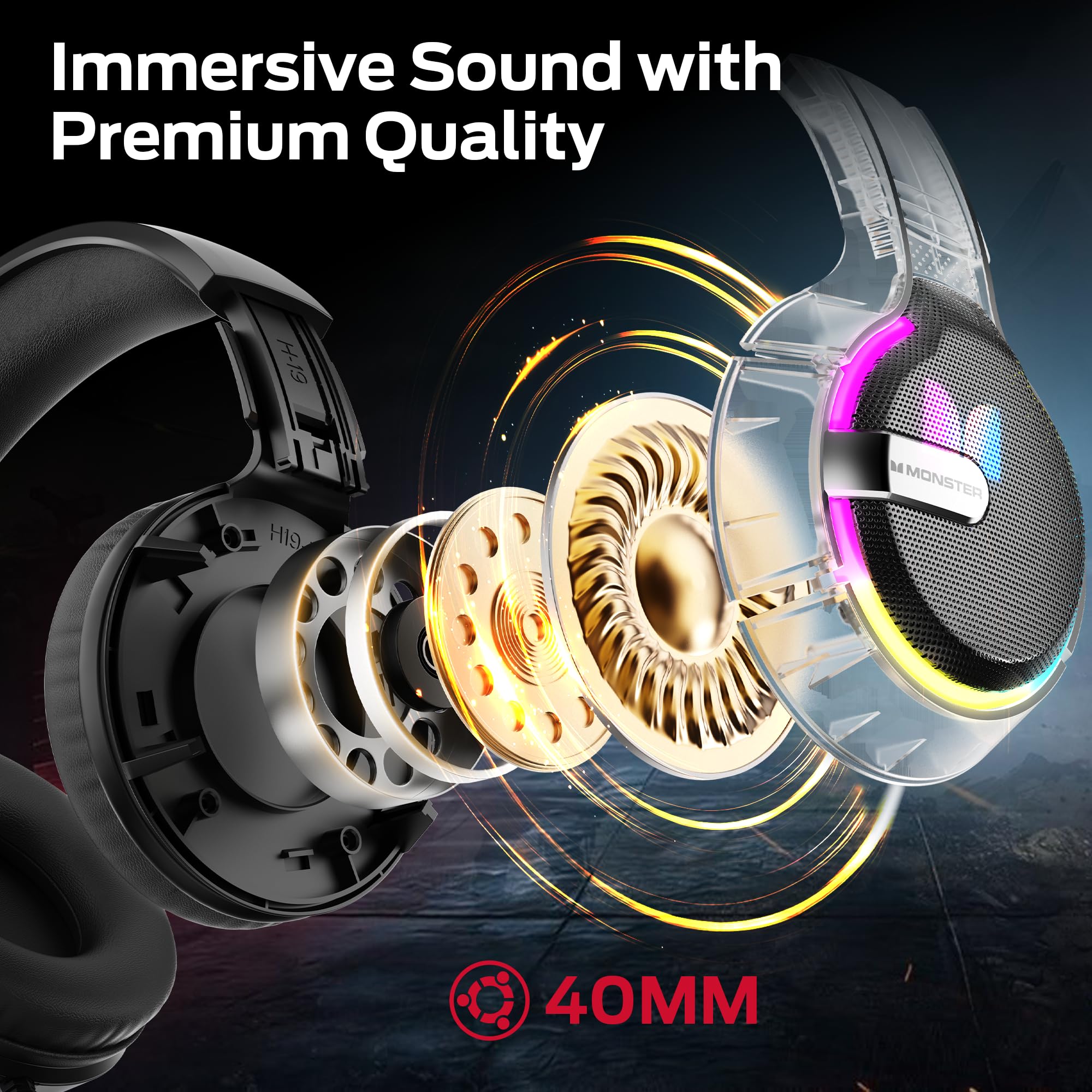 Monster Mission 320 Gaming Headset for PS5, PS4PC,Switch,Noise Cancelling Over Ear Headphones with Mic, LED Light, 7.1 Surround Sound,Gifts — view 4