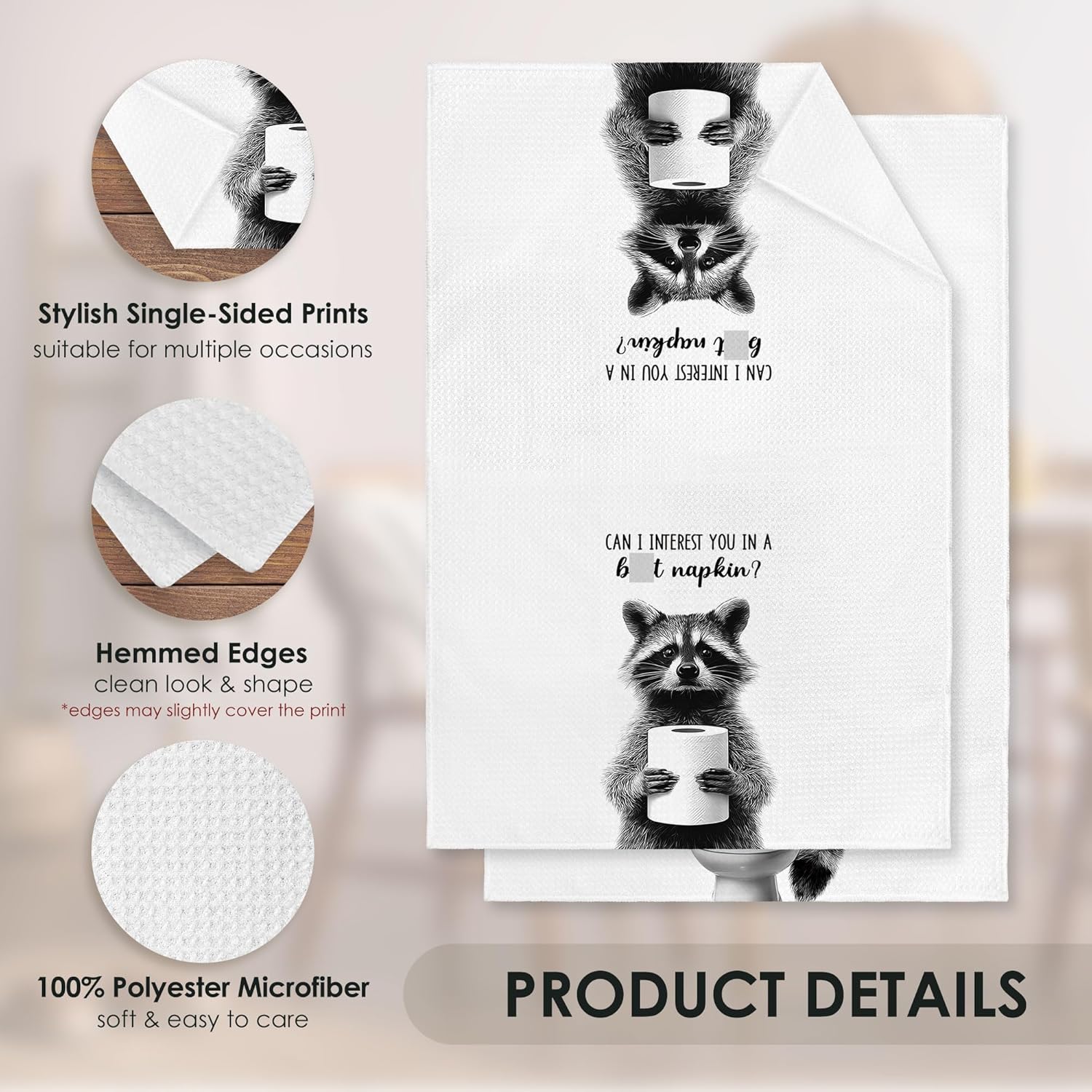 Funny Raccoon Bathroom Towel Gifts Decorative Set of 2, Hello Sweet Cheeks Hand Towel for Bathroom Kitchen Decor, Raccoon Waffle Weave Microfiber Dish Towels Dishcloths Tea Towels 16x24 - Image 7