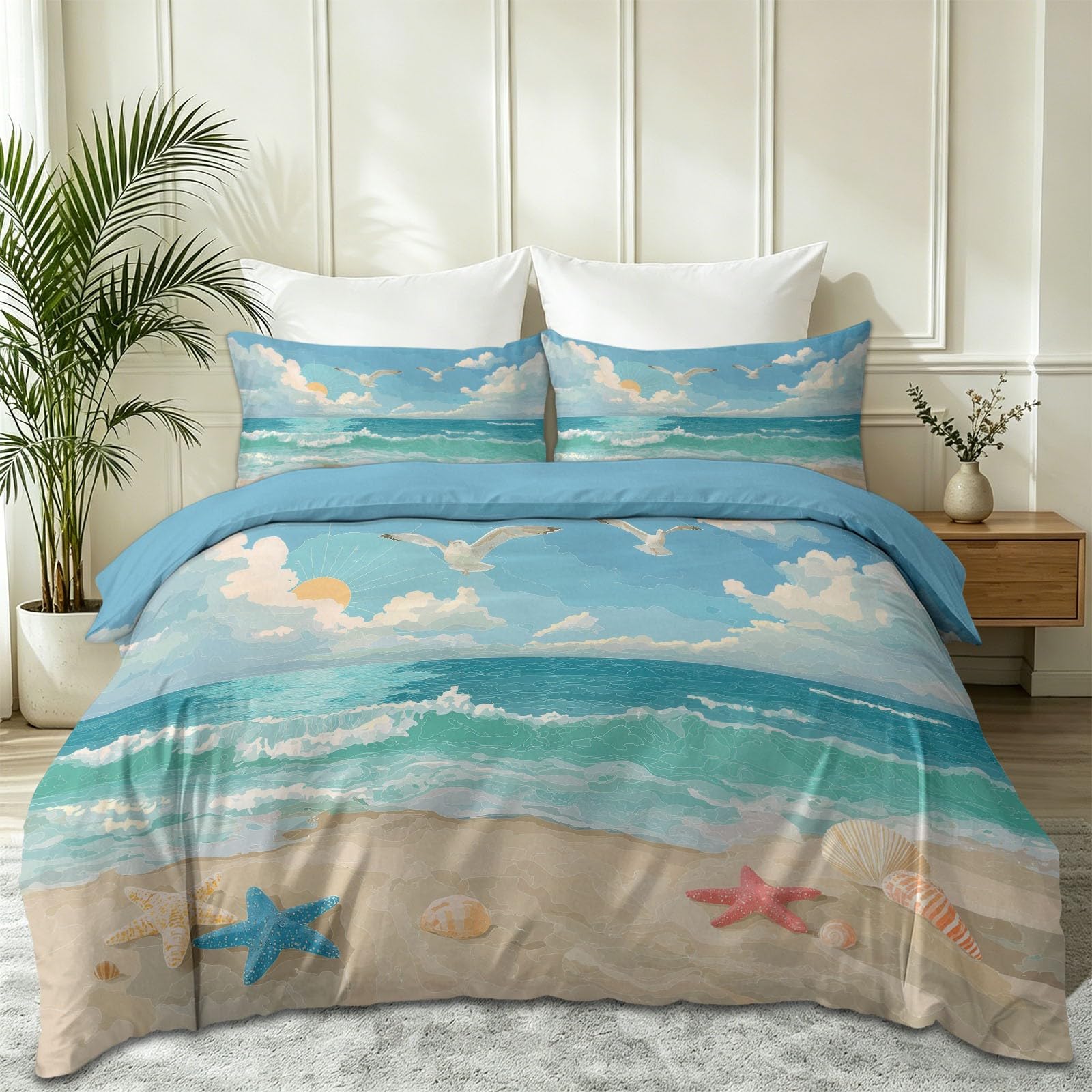 Housse de Couette 140x200 cm Bleu Plage et Mer en Microfibre