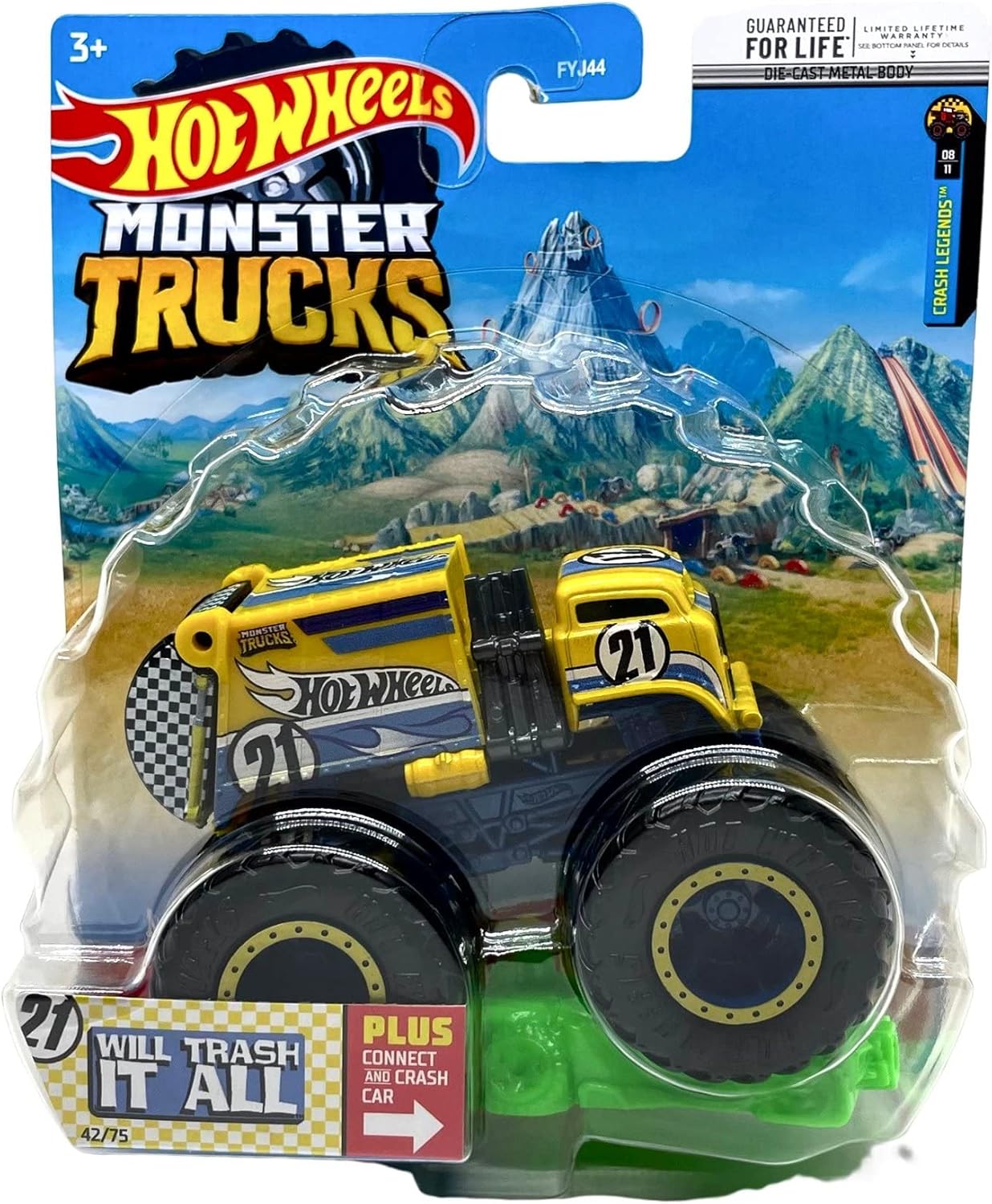 Monster Trucks Will Trash It All (Yellow/Blue) with Connect and Crash car 42/75, 1:64 Scale diecast Truck