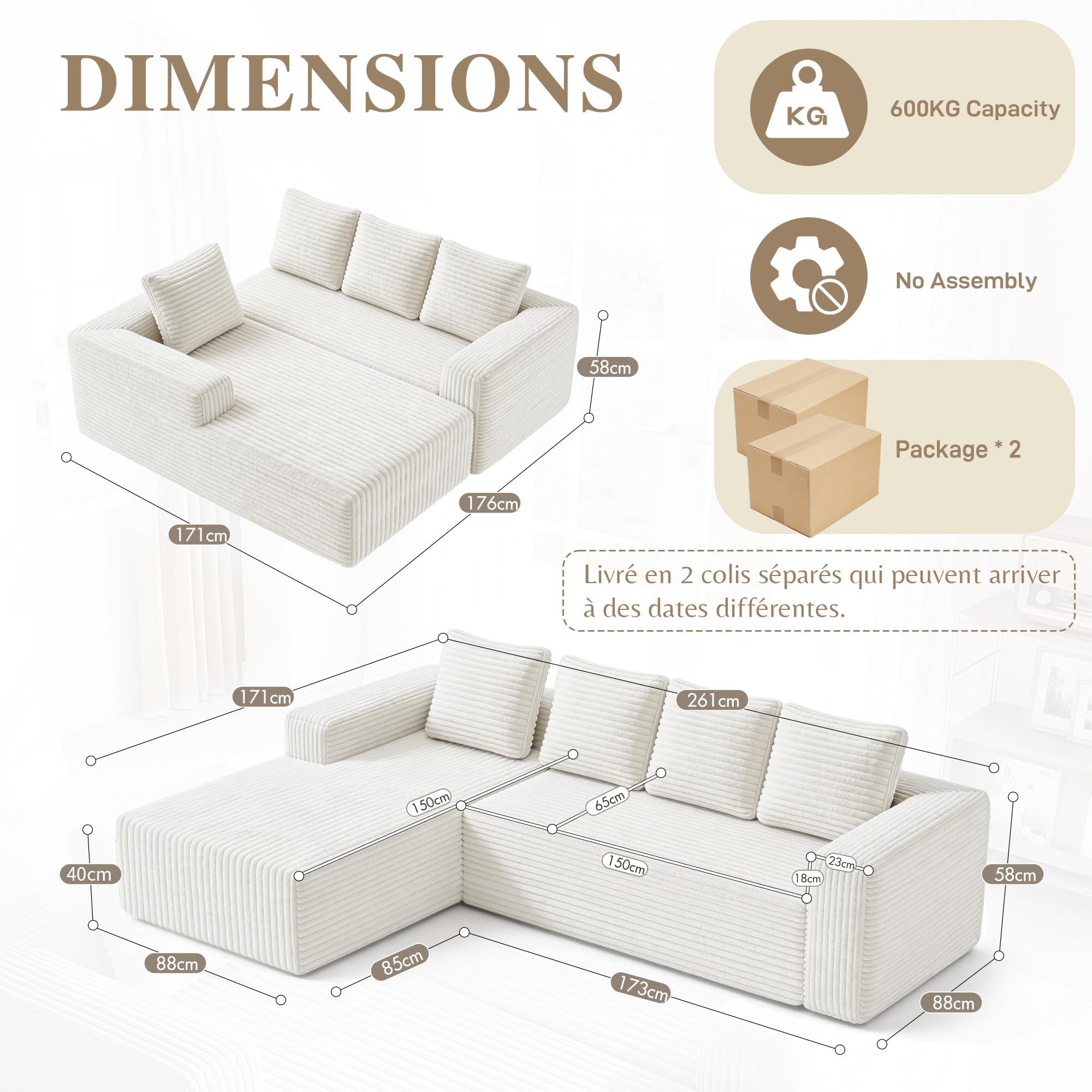 261cm Canapé d'angle Convertible, Canape 3 Places en L, Compressible canapé modulable Cloud avec Assise Profonde, canape Dangle Convertible et Librement combinable pour Le Salon, Beige