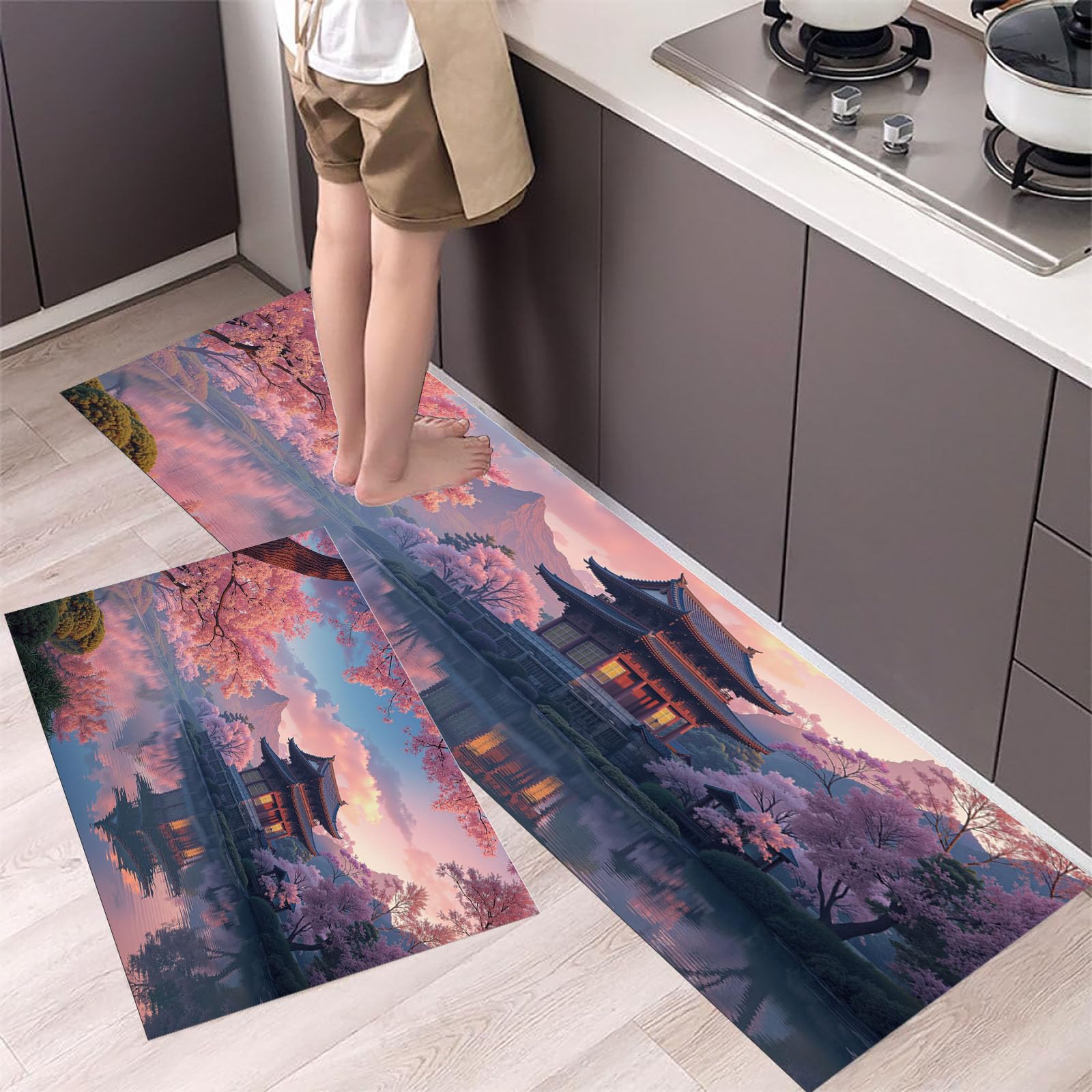 Acquerello Giapponese Set di Tappetini da Cucina Antiscivolo in 2 Pezzi, Tappetini Tempio Dei Ciliegi In Fiore Lavabili per Corridoio Sala da Pranzo e Ingresso, 50x80+50x150cm