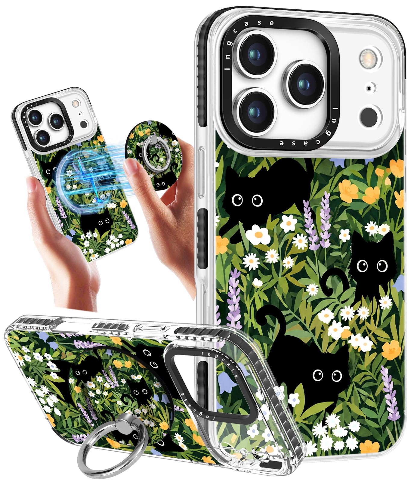 Coque iPhone 17 support MagSafe motif félin et fleur cadeau idéal