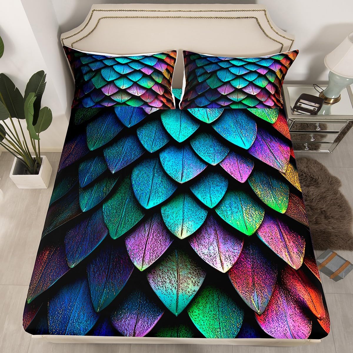 Dragon Scale Fitted Sheet Full Size Wild Animal Skin Bedding Sets,Glitter Psychedelic Animal Hide Bed Sheets Novelty Wild Safari Theme Wildlife Room Decor,Teal Blue Green Purple