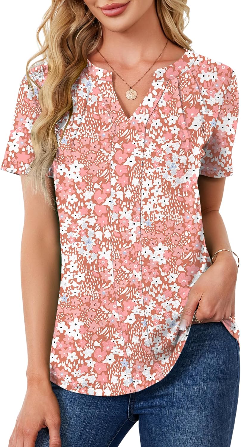 Condition photo showing New/Like New for AKEWEI Short Sleeve Blouses for Women V Neck T Shirts Pleated Summer Dressy Casual Tops Purple White Flowers X-Large
