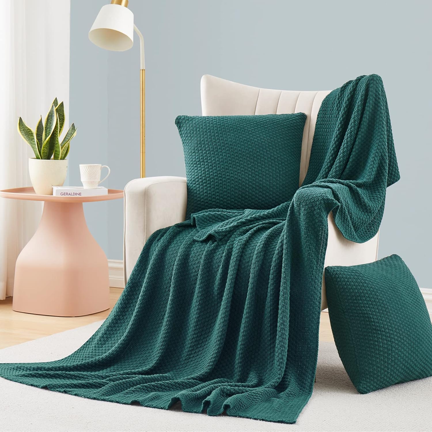 TREELY 3 Piece Dark Green Knit Throw Blanket Set,Warm