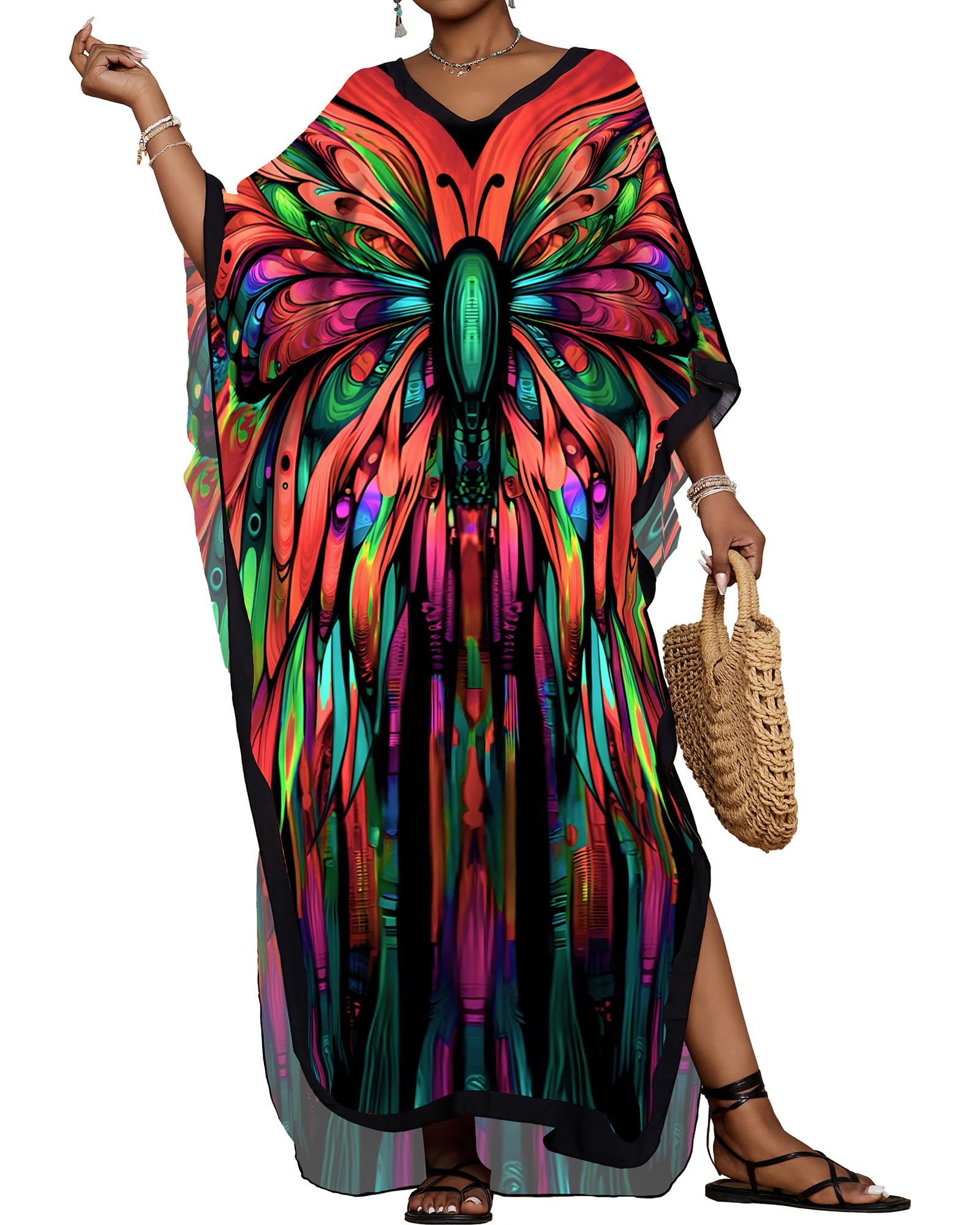 Bsubseach Women Floral Print Caftans Plus Size Long Beach Coverup Dress