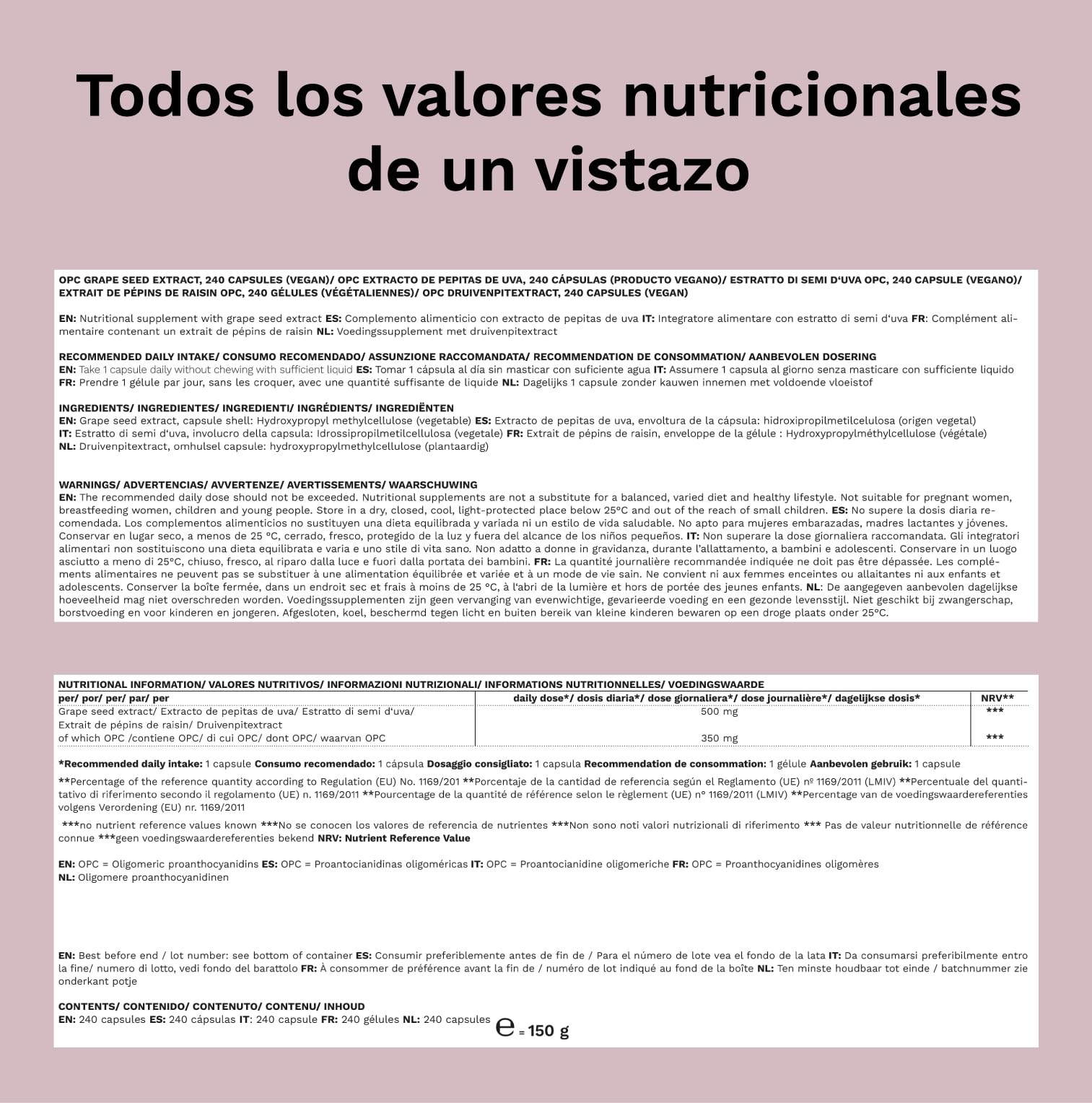 Extracto de semilla de uva OPC - 240 cápsulas veganas - Dosis diaria óptima: 500 mg de extracto por cápsula - Probado en laboratorio - Suministro para 8 meses - Sin aditivos - Fabricado en Alemania