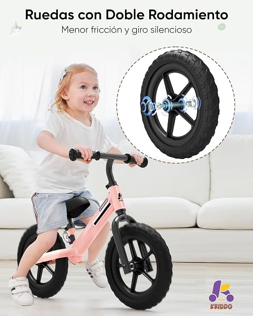 Foto 2 de 7 de KRIDDO Bici sin Pedales para Niños de 2 a 5 Años, Sillín Ajustable, Rosa