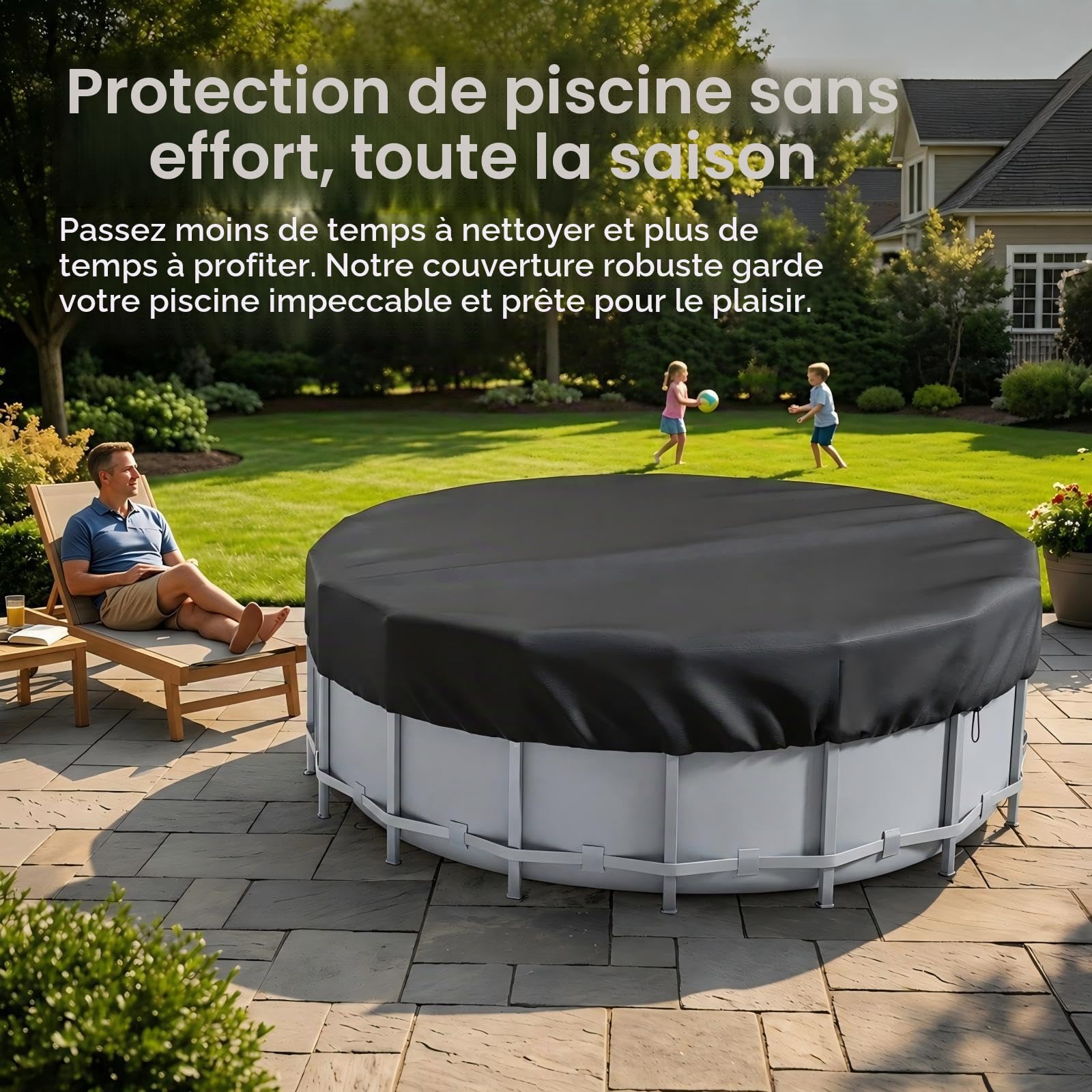 Bache Hivernage Piscine Hors Sol 366, PU 420D éPais Bache Piscine Ronde, Coupe-Vent et RéSistant aux DéChirures Bache sous Piscine avec Corde de Traction, Clous de Sol et Sac de Rangement