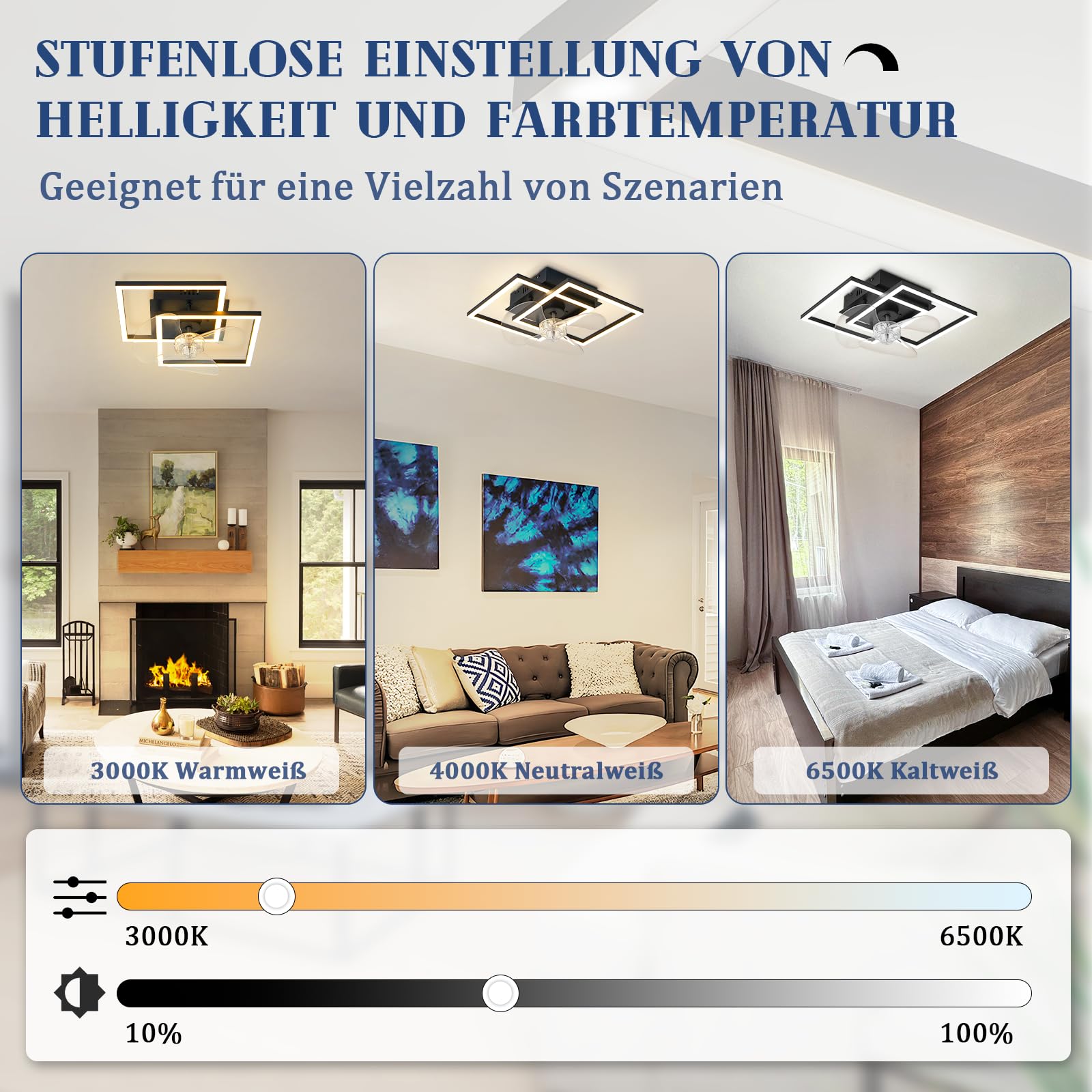 Homefire Ventilador de techo con luz - LED lampara Ventilador techo silencioso y mando a distancia negro 3000-6500K Dimmable moderno ventiladores de techo 6 velocidades motor DC para Dormitorio