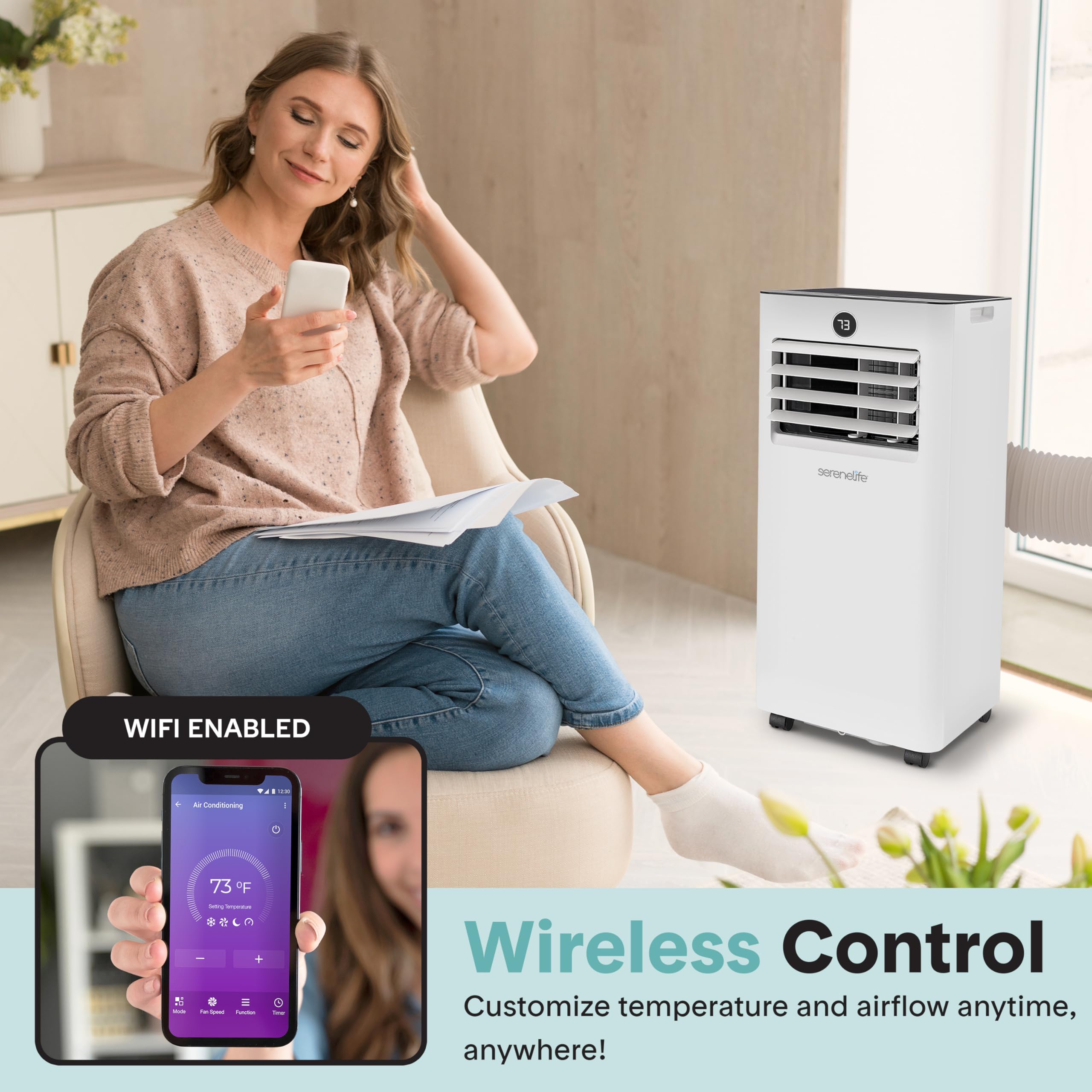 serenelife slpac83w portable air conditioner-8000 capacity (ashrae) compact home a/c cooling unit only with wifi function, includes window mount kit (white), 8,000 btu