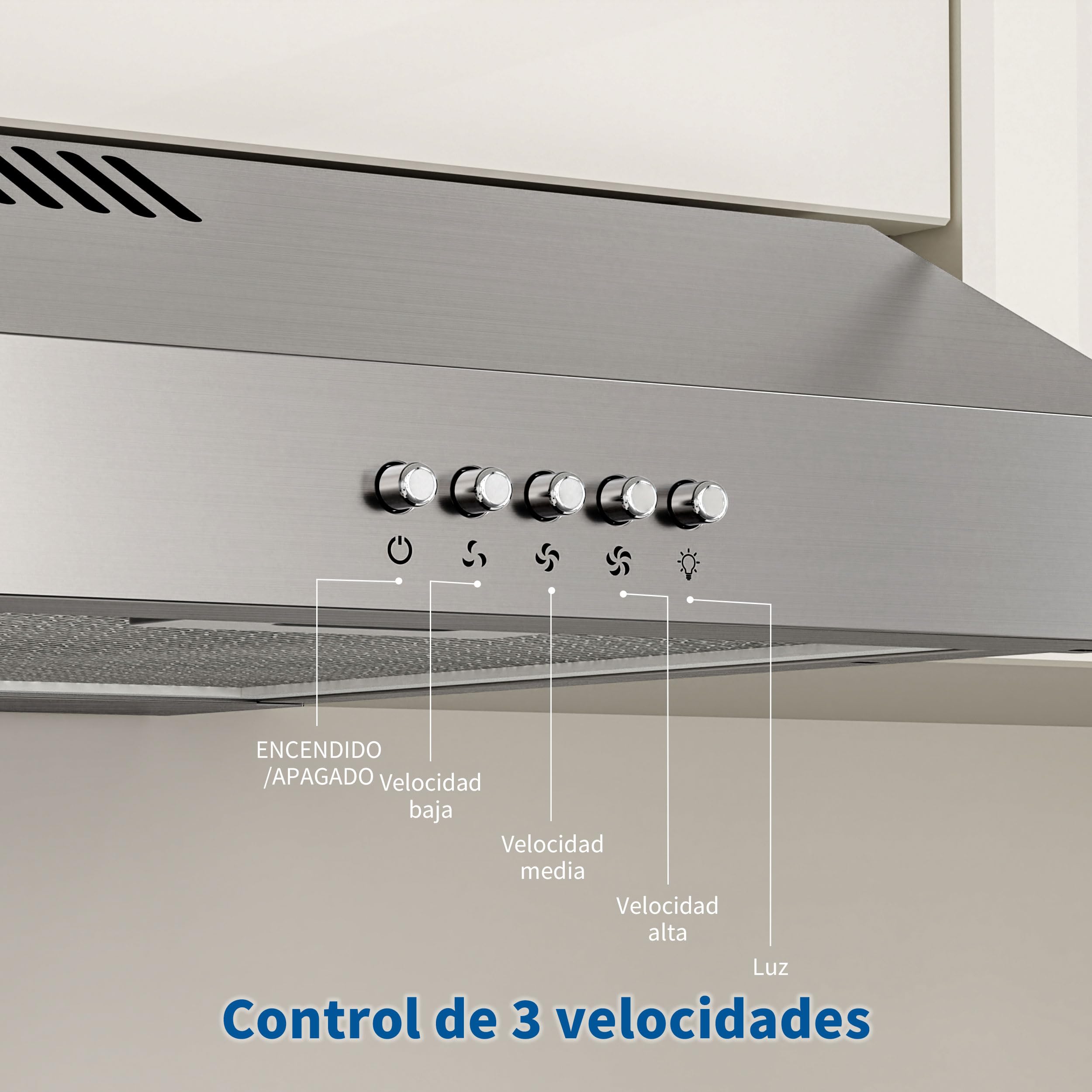 FIREGAS Campana Extractora 60 cm de Acero Inoxidable, 250 m³/h, Clase Energética A+, Motor Sin Escobillas, 3 Velocidades, Instalación Bajo Mueble o Pared