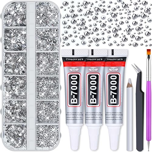 Audab B7000 Jewelry Adhesive Glue with Glass Rhinestones for Crafts, 2100Pcs Flat Back Gems Crystal Not Resin Rhinestones with Tweezer Clear Glue for DIY Clothes Fabric Shoes Jewelry Making Nail Art