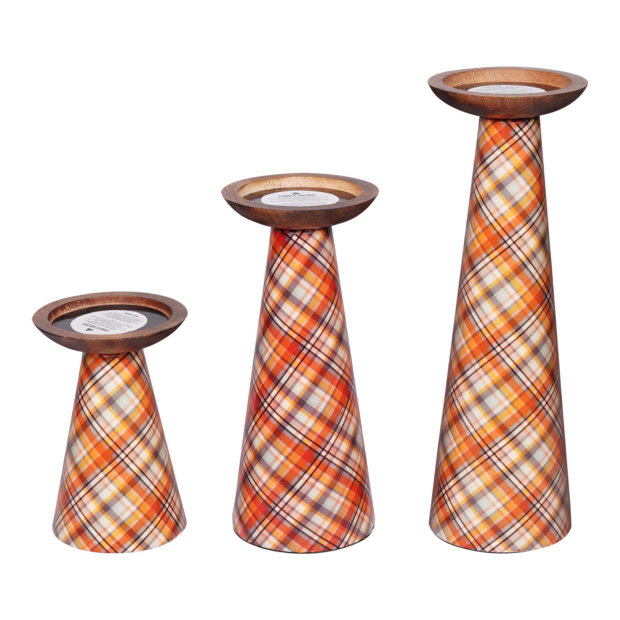 Candle Holders for Pillar Candles (Ochre/Multi-Plaid, Set of 3) - Unique Design Candlestick Holders - Farmhouse Metal Candlestick Holders - Modern Home Decor for Table Centerpiece - 6”, 9”, 12”