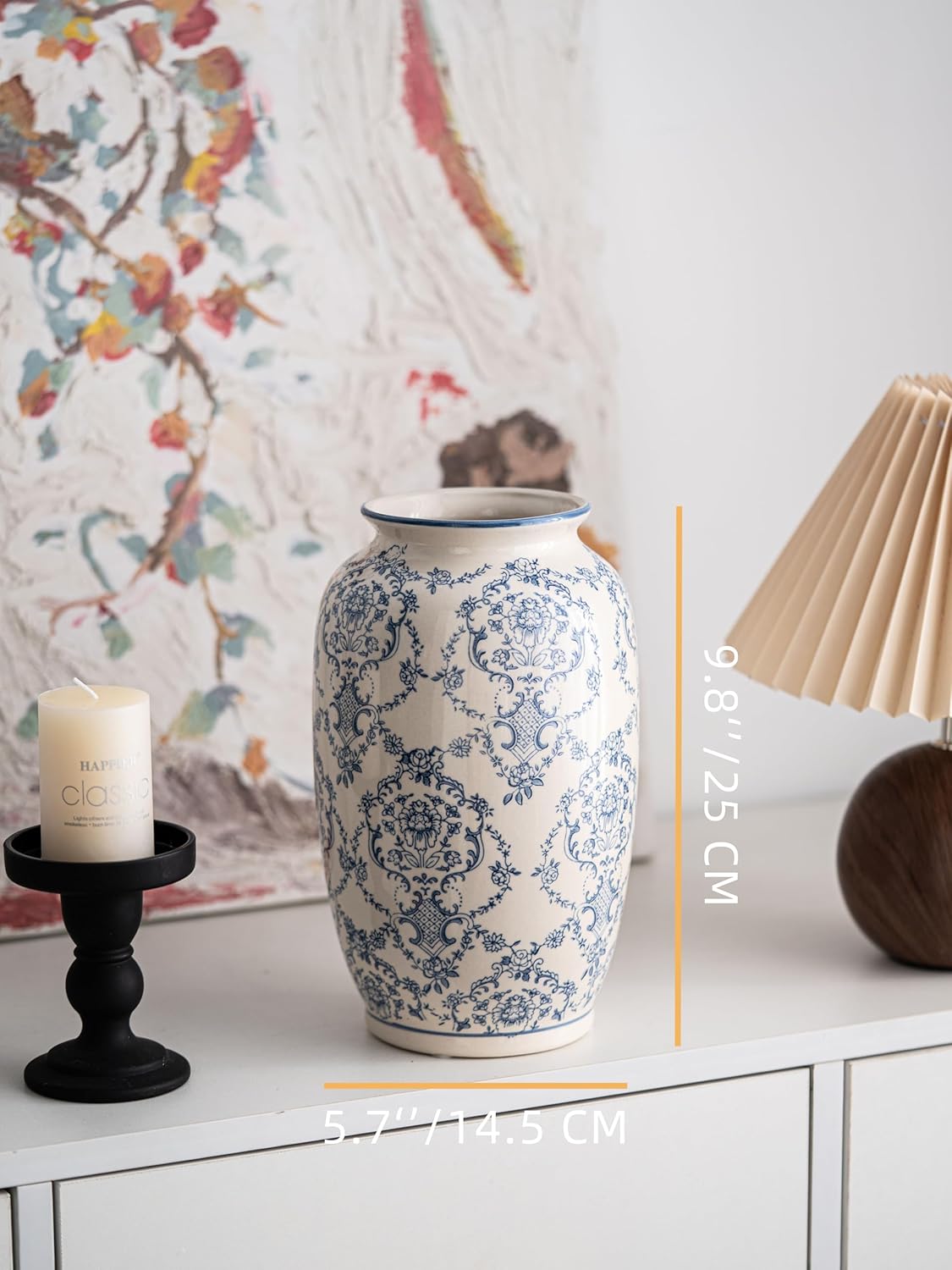 Blue and White Vase, Vintage Blue Ceramic Flower Vessel,Ceramic vases for Home Decor,Vintage Vase for Home Decor, Living Room, Shelf, Office, Rustic Table Centerpiece (Blue and white-01, Large) - Image 2