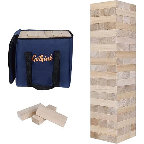 GOTHINK Giant Tumble Tower Game, Large Tumbling Tower Stacking to Over 3.2 FT 60pcs Wooden Jumbo Blocks for Outside Yard Games w/Carry Case Timber Stacking Game Night Toy Gift for Kids Adults Family