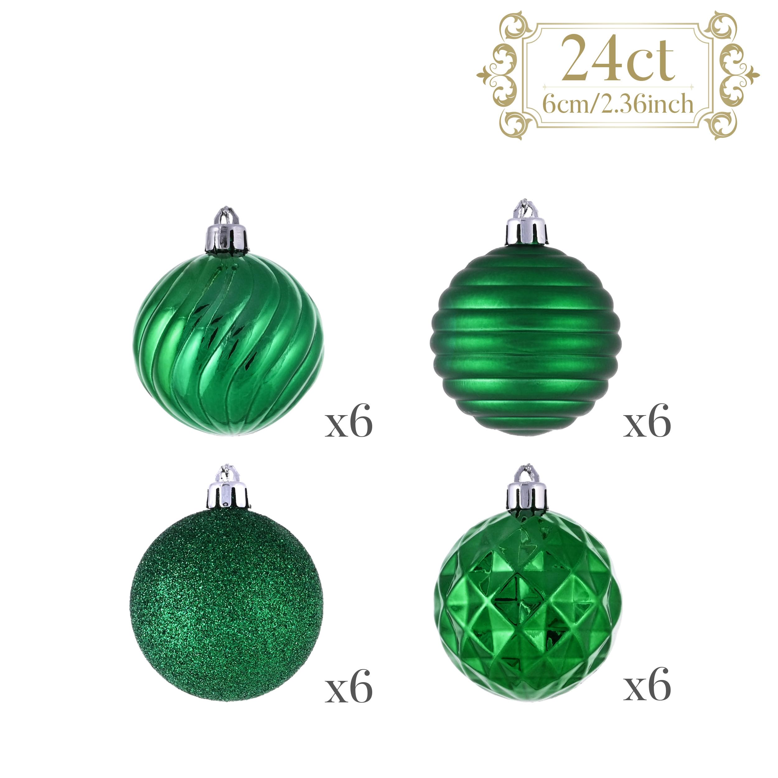 Valery Madelyn Juego de Adornos de Navidad para árbol de Navidad, 24 Unidades, Adornos Verdes inastillables, Adorno Colgante de 6 cm a Granel para San Valentín, Mardi Gras, día de San Patricio