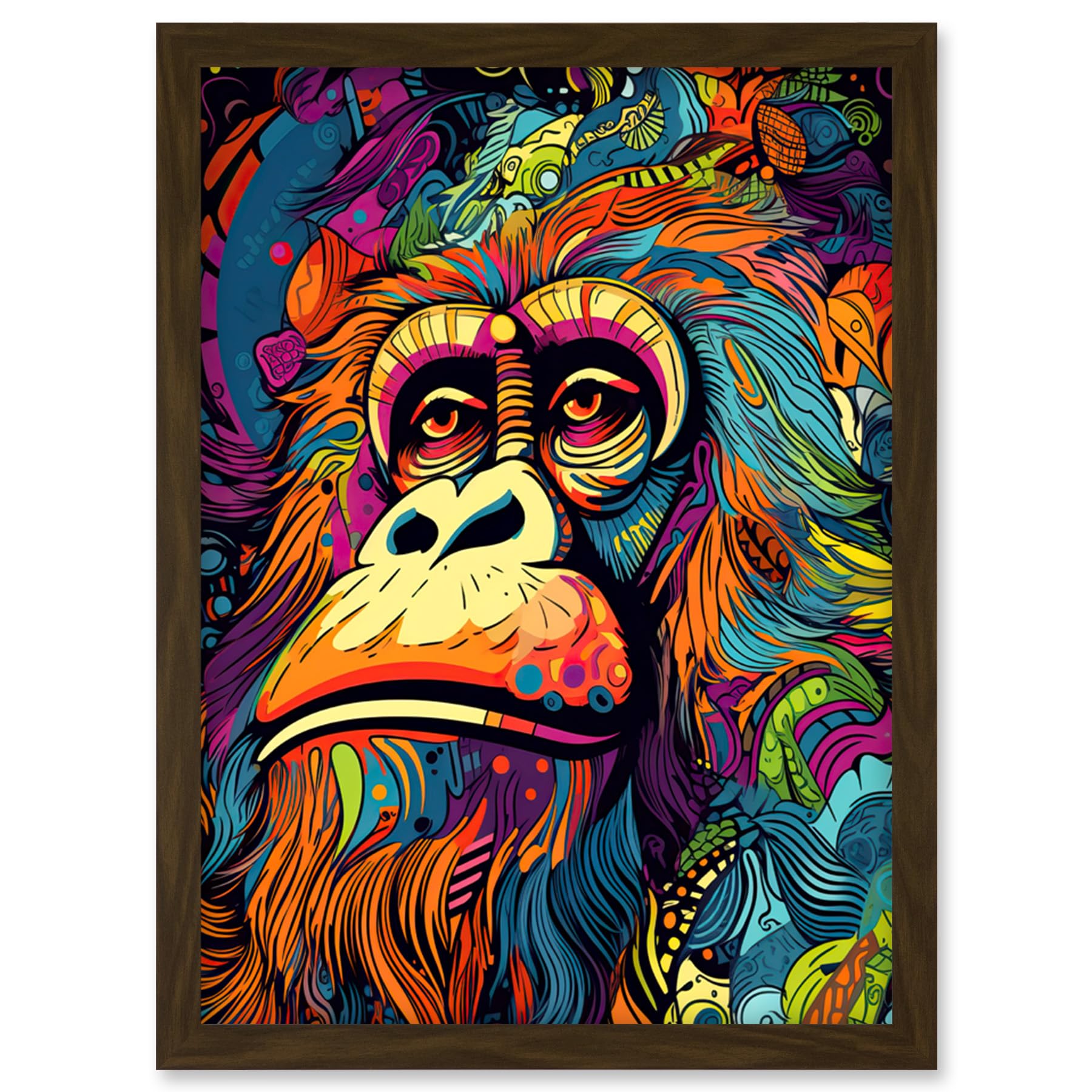 Artery8 Majestic Orangutan Great Ape Colourful Psychedelic Borneo Rainforest Artwork Framed Wall Art Print A4