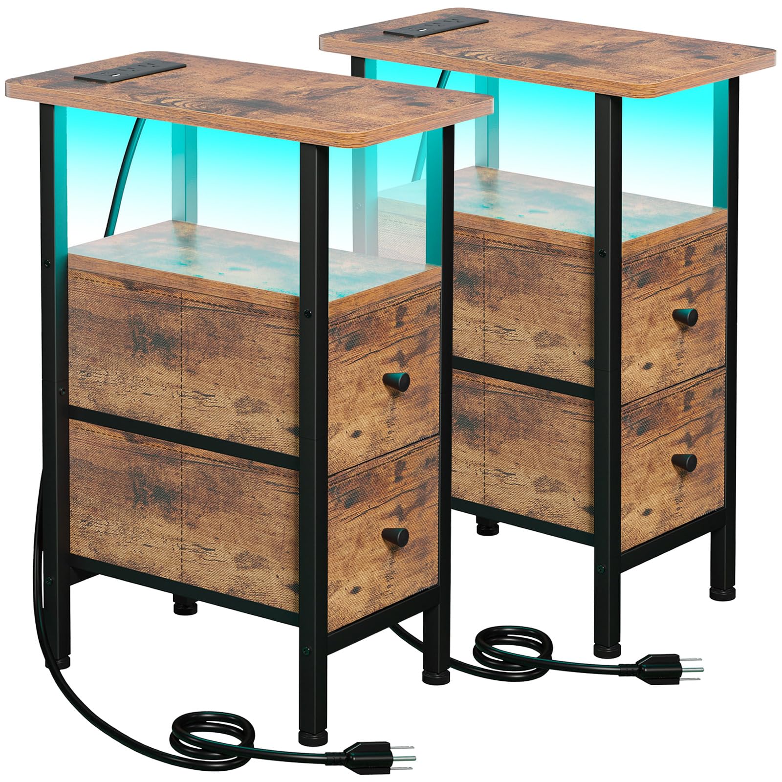 LOAKEKEL Narrow Nightstand with Charging Station, End Tables Living Room Set of 2, Skinny Side Table with Fabric Drawers, Small Sofa Table with LED