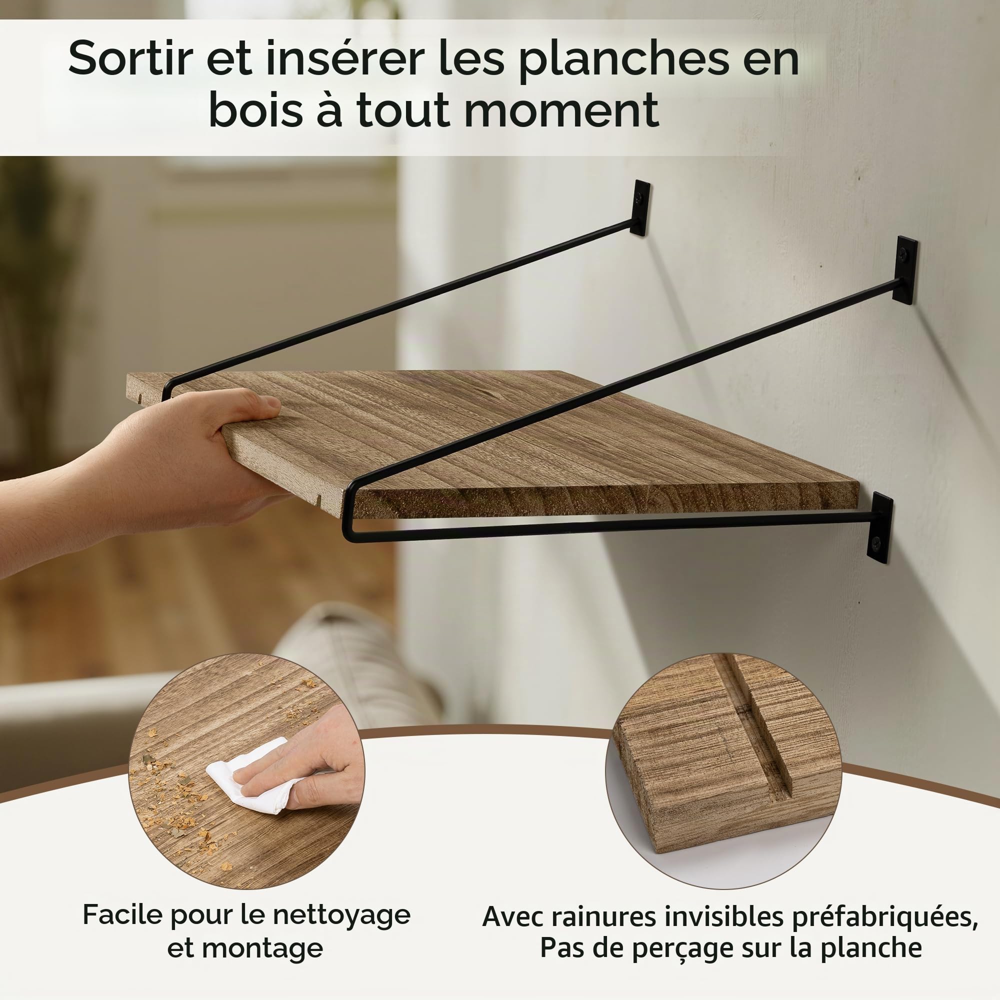 Étagères Murales Larges en Bois 40 x 30 cm Flottantes, Lot de 2 | Grandes étagères flottantes en bois, style rustique, rangement et déco, cuisine, salle de bain, chambre, salon et couloir