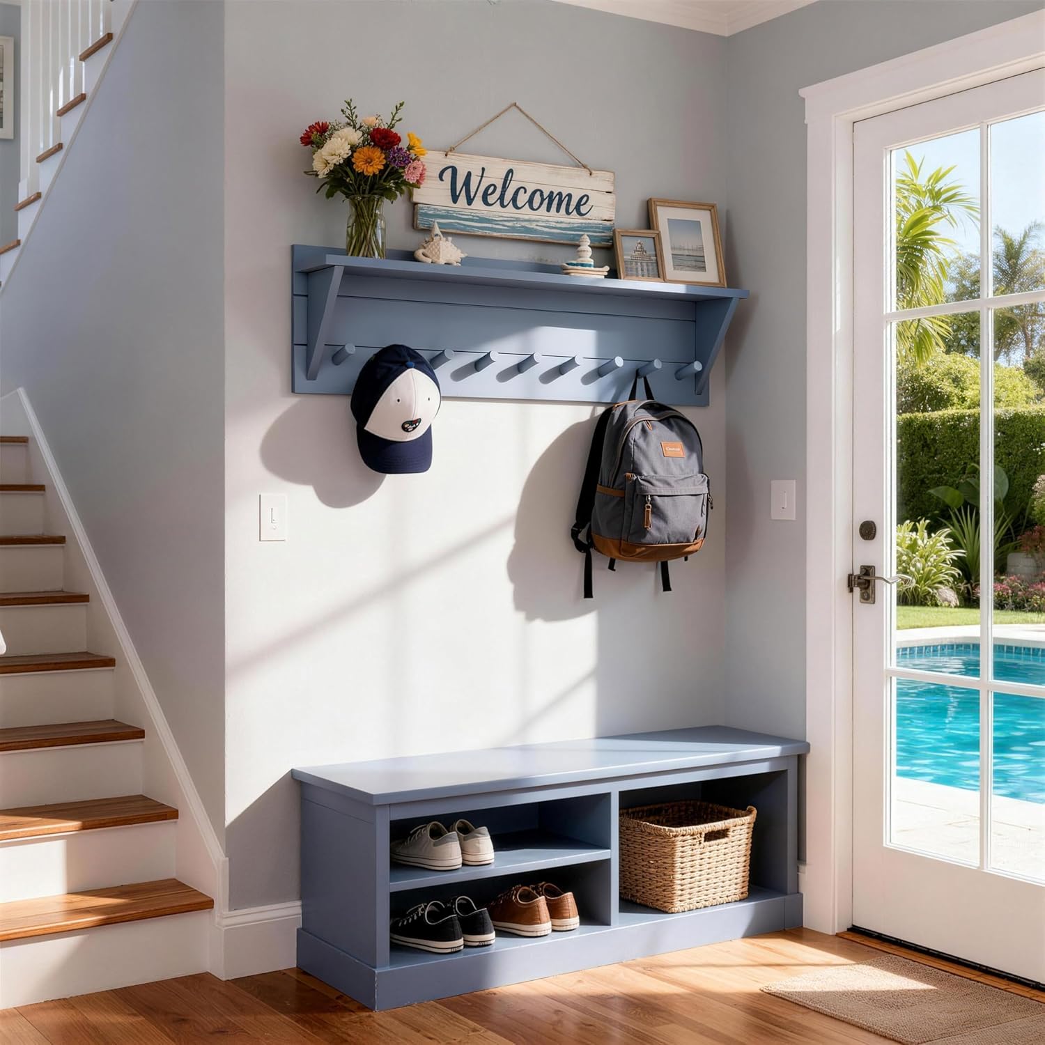 WEBI Coat Rack Wall Mount with Shelf,36" Long Entryway Wall Shelf with Hooks Underneath,9 Peg Hooks for Hanging Coats,Caps,Jacket,Clothes,Light Blue
