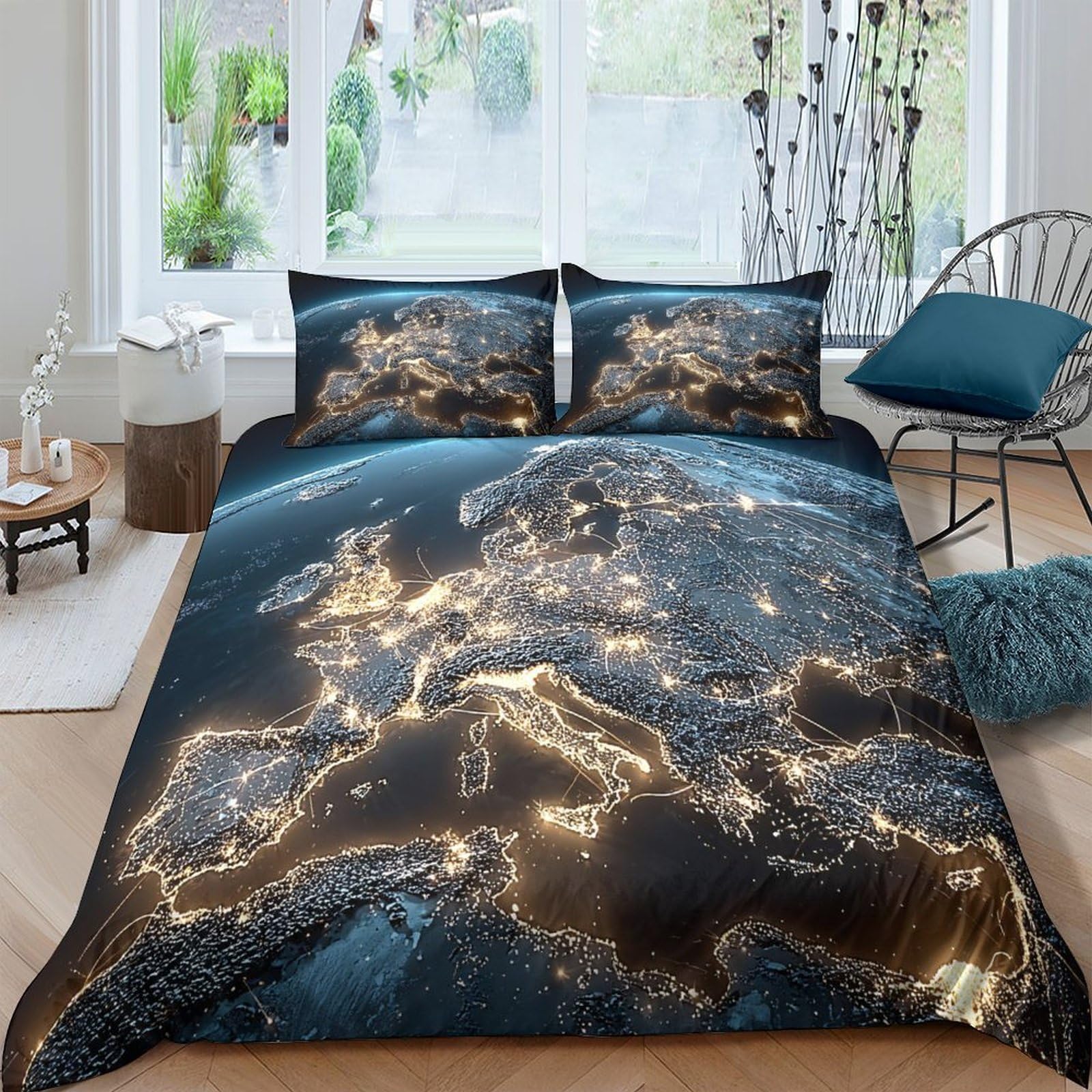 Ctjqhvkz Style-3 3D Printed Europe Night Lights Fitted Sheet Microfiber Soft Breathable Earth View Mattress Cover For Bedroom Dorm Decor Single（135X200cm）