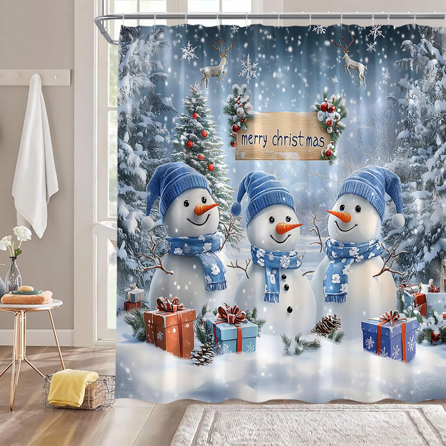 Snowman Shower Curtain Christmas Cute Blue Snowman Pine Tree Forest Snowflake Nature Winter Holiday 70" WX96 H Bathroom Decor Fabric Curtain with Hooks