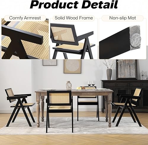 Miniatura 5 de KCC Juego de 2 sillas de comedor de ratán, cómodos y modernos sillones de cocina de caña bohemia de madera maciza con respaldo y asiento de ratán de