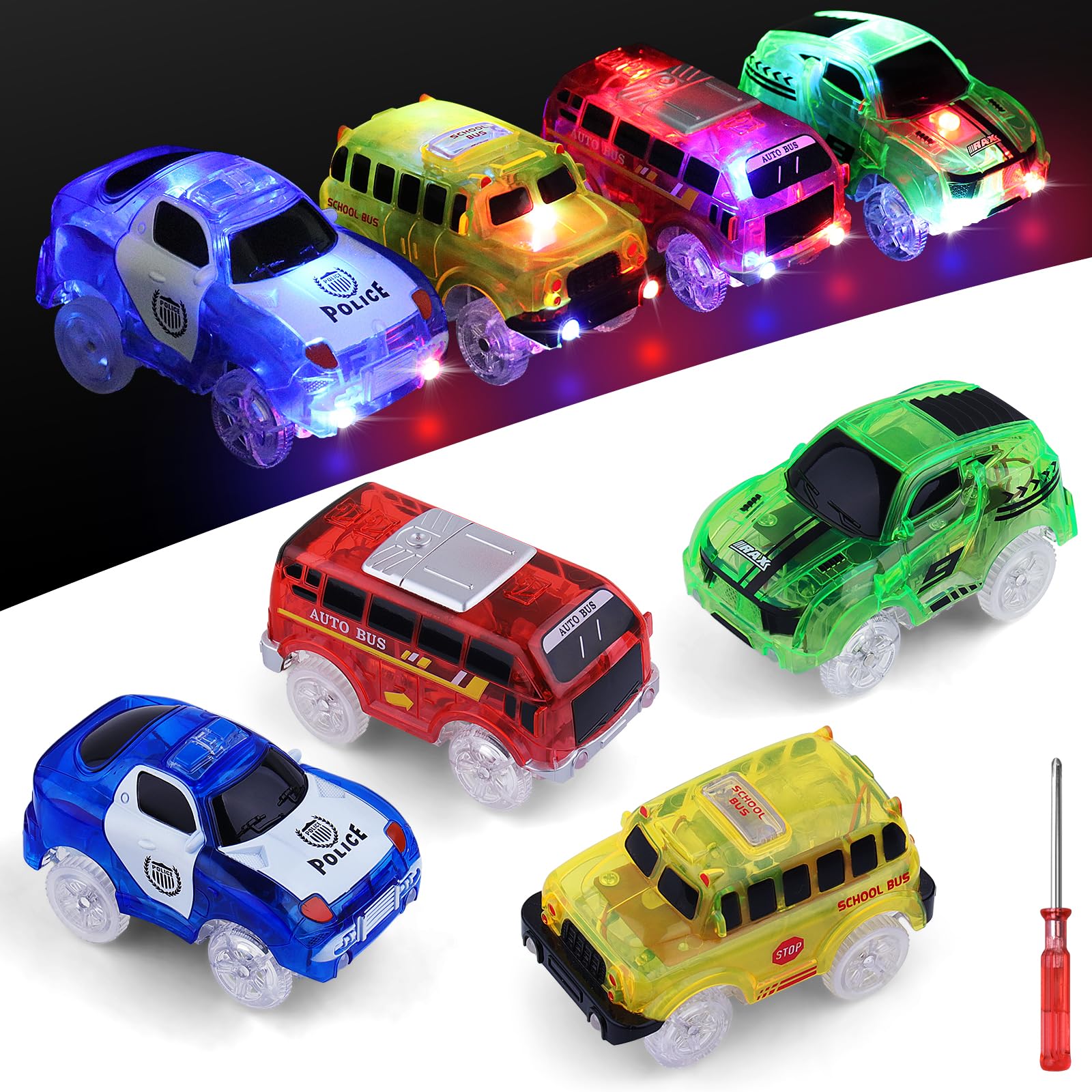 yusvwkj 4 Pack Tracks Cars Magic Light Up Track Car Toy Glow in the Dark for 3 4 5 6 7 8 Kids Boy Girl, Race Cars with 5 LED Flashing Light, Battery Operated